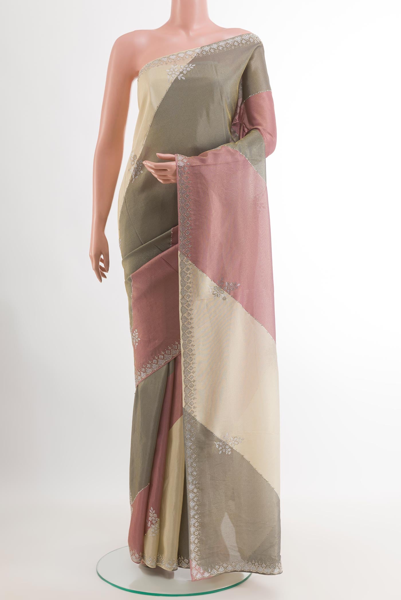 Multi Color Blended Art Silk Saree with Embroidery on the body and Zari Border.  displayed on a mannequin