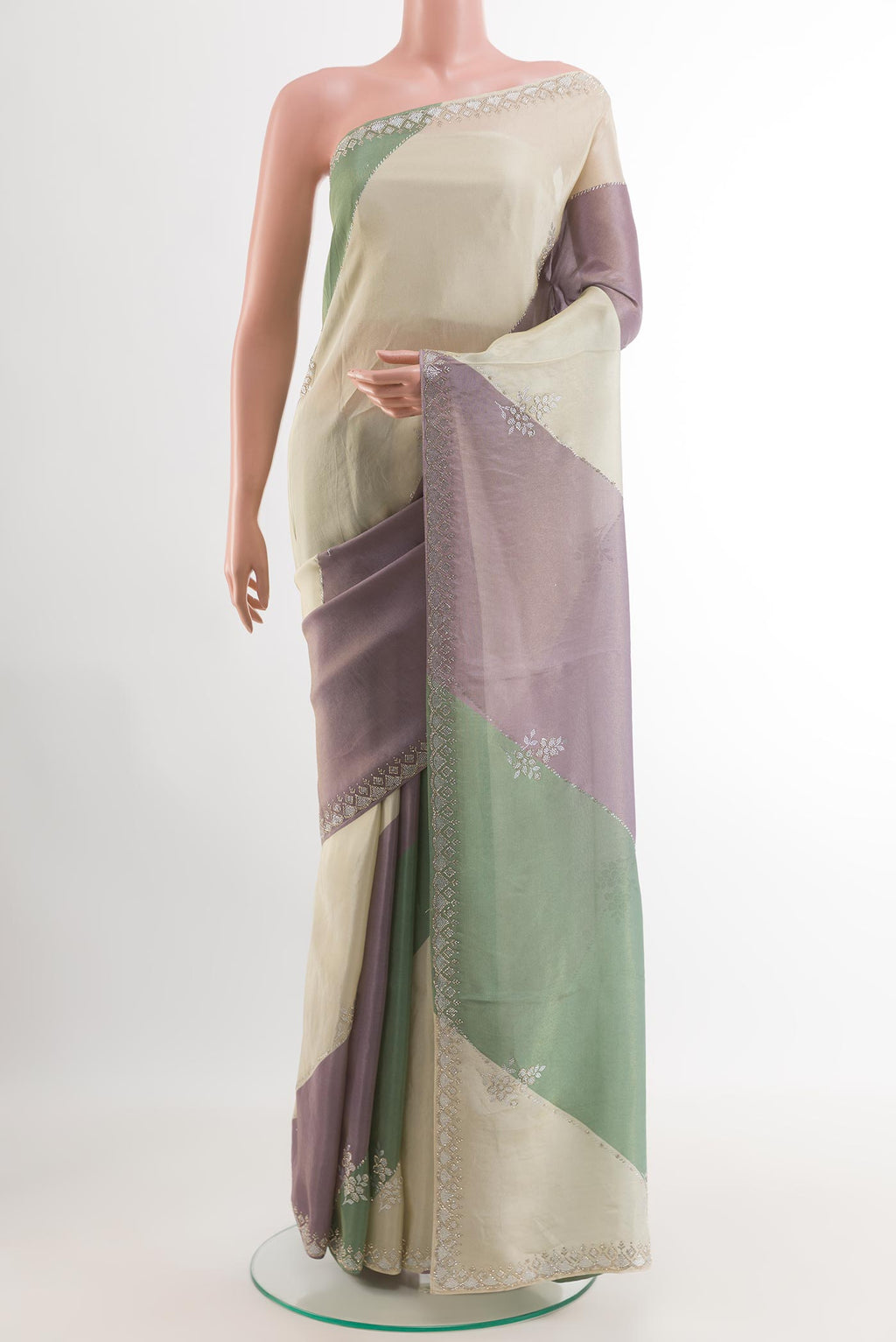 Multi Color Blended Art Silk Saree with Embroidery on the body and Embroidery Border.  displayed on a mannequin