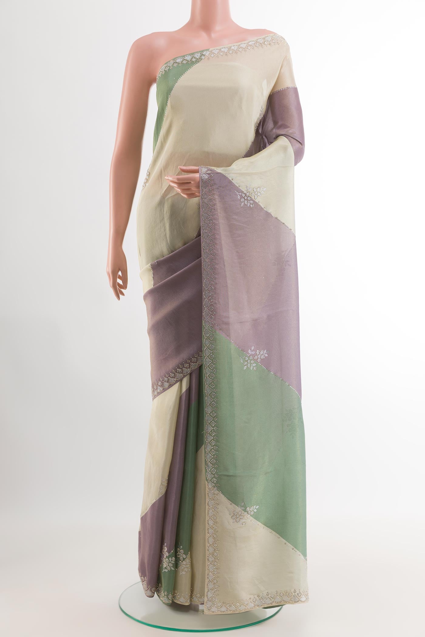 Multi Color Blended Art Silk Saree with Embroidery on the body and Embroidery Border.  displayed on a mannequin
