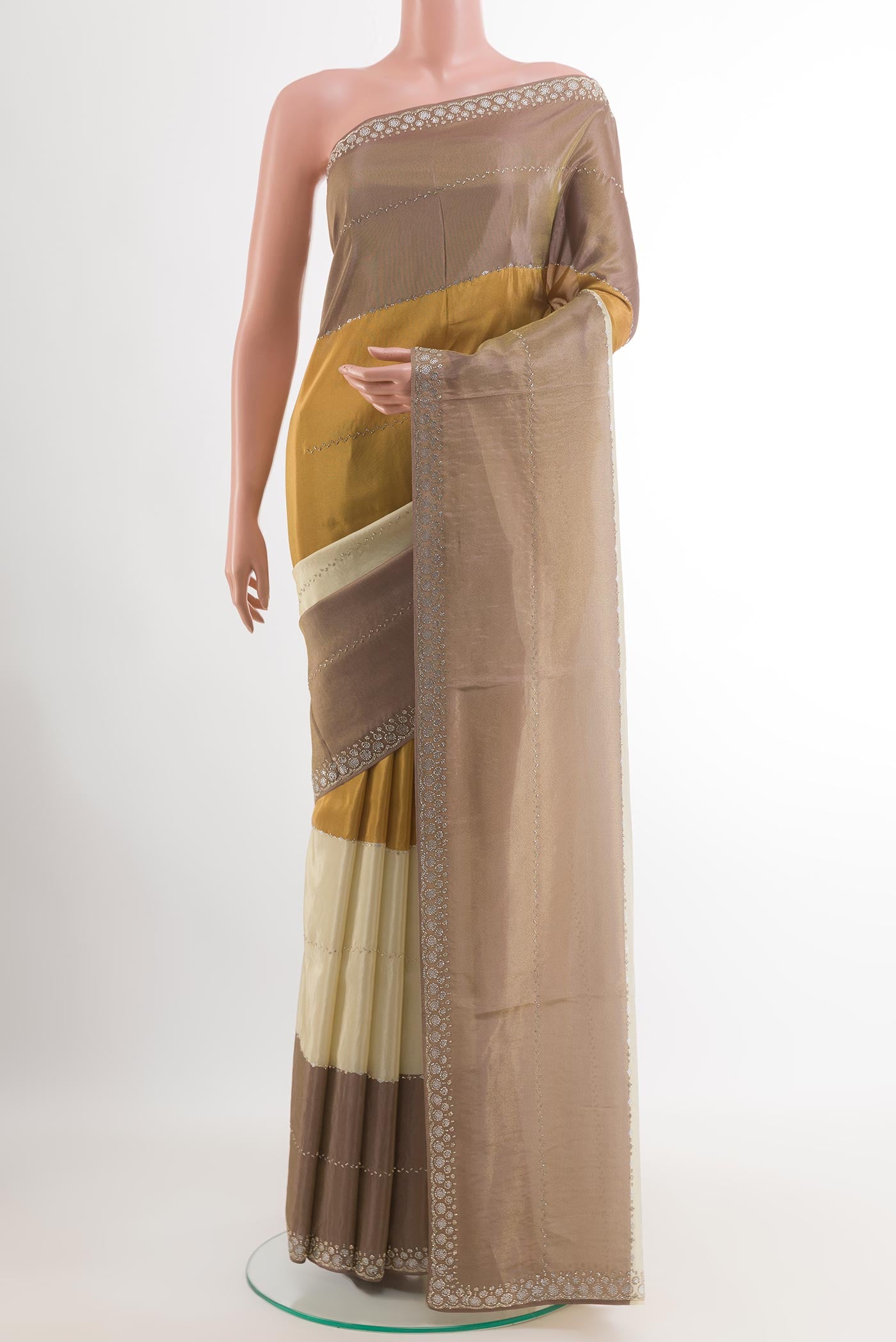 Multi Color Blended Art Silk Saree with Embroidery on the body and Embroidery Border.  displayed on a mannequin