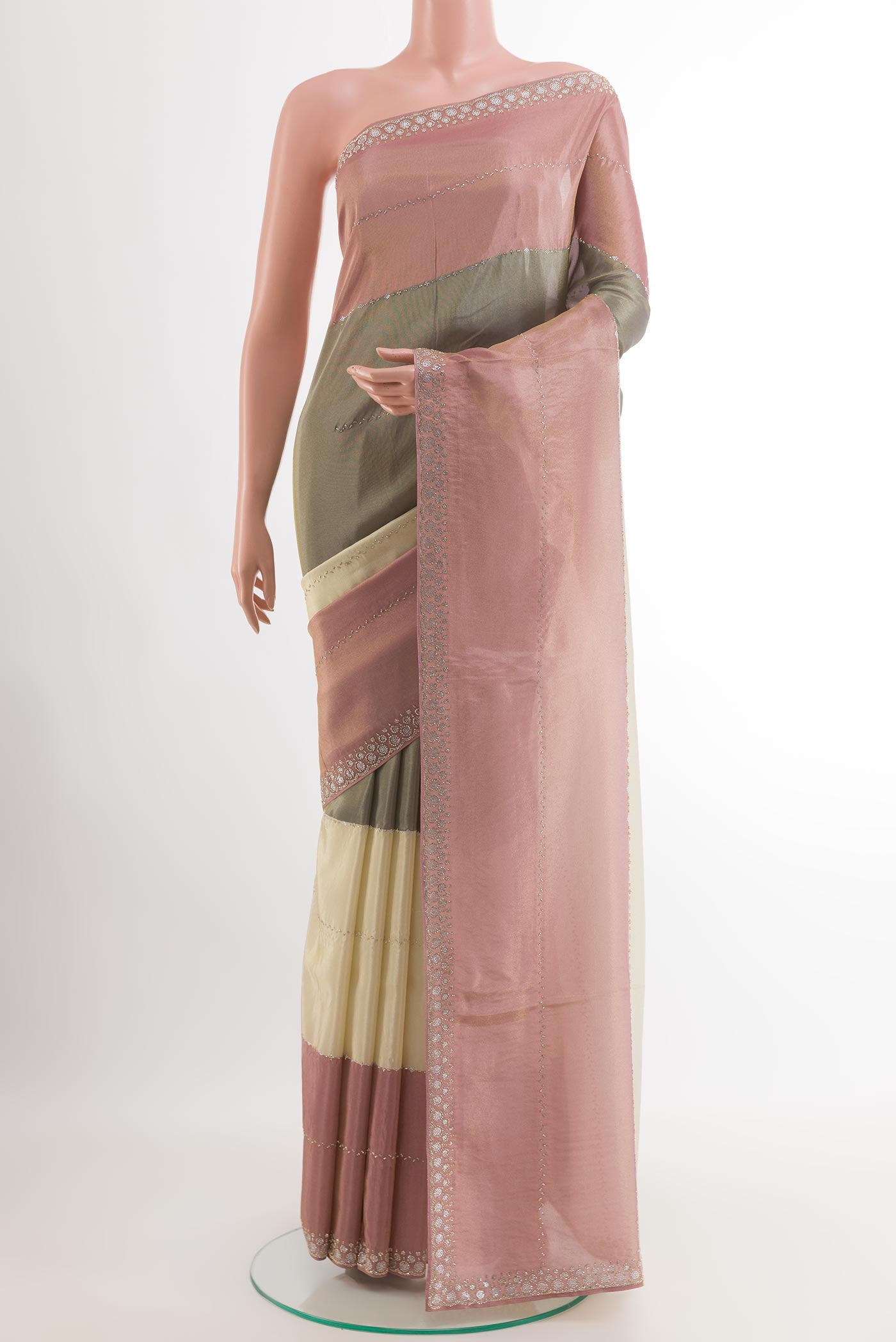 Multi Color Blended Art Silk Saree with Embroidery on the body and Embroidery Border.  displayed on a mannequin