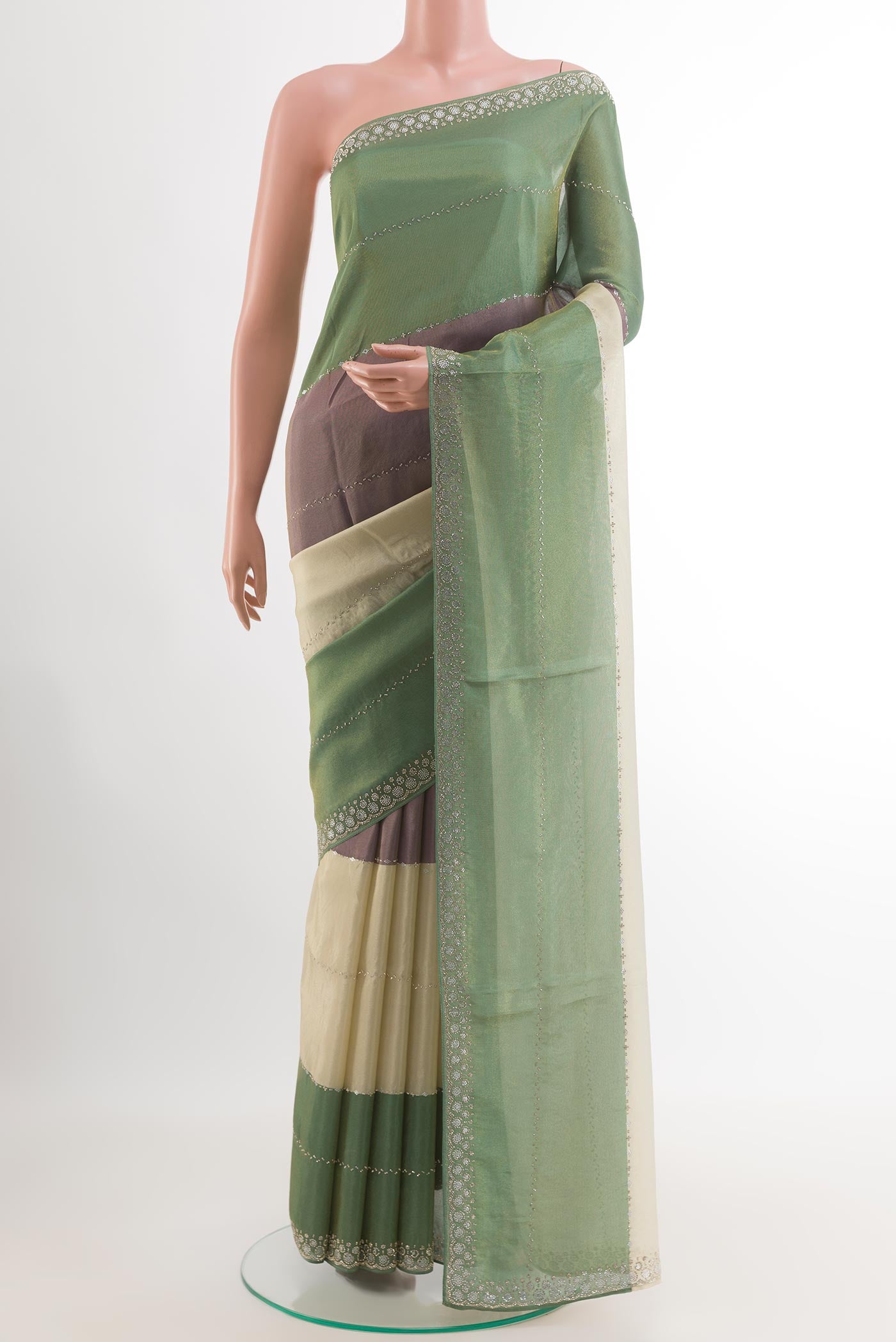 Multi Color Blended Art Silk Saree with Embroidery on the body and Embroidery Border.  displayed on a mannequin