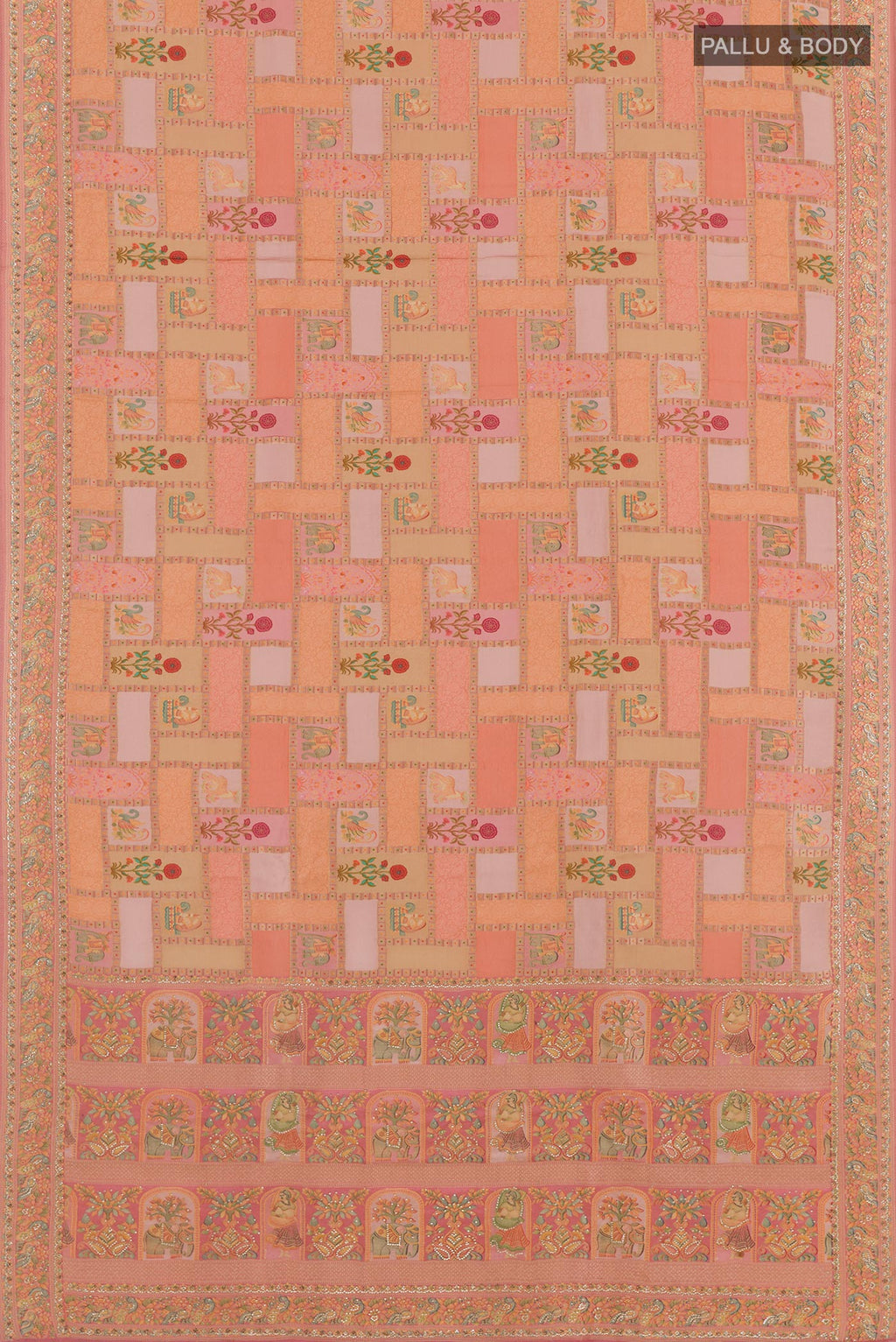 Flat view of Multi Color Blended Art Silk Saree with Embroidery on the body and Embroidery Border. 