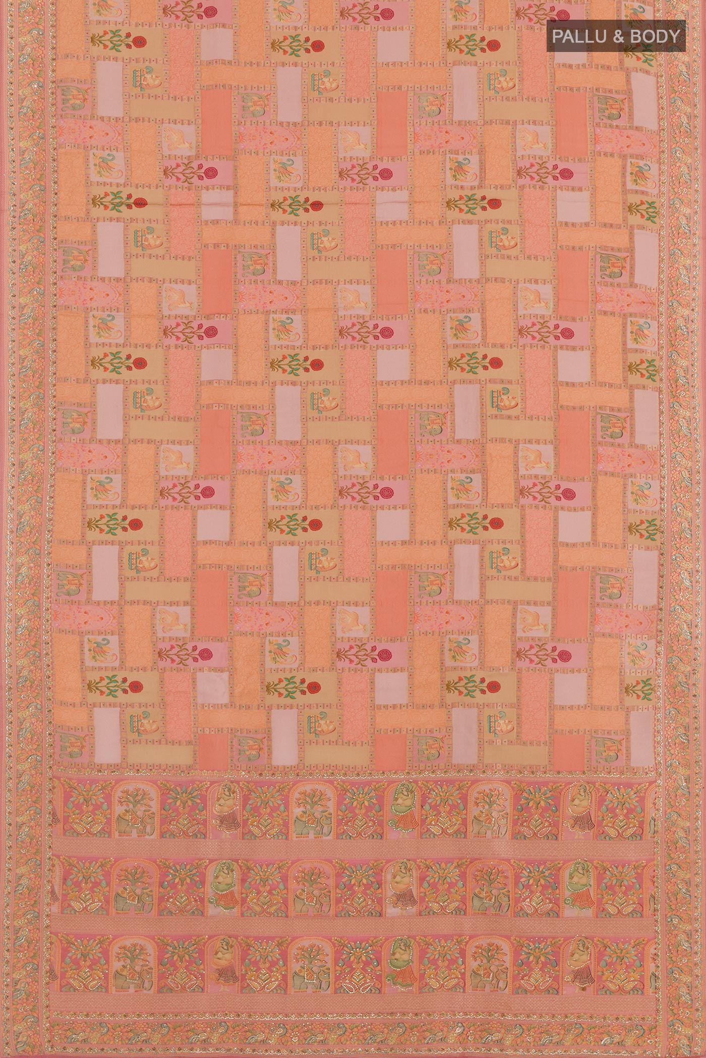 Flat view of Multi Color Blended Art Silk Saree with Embroidery on the body and Embroidery Border. 