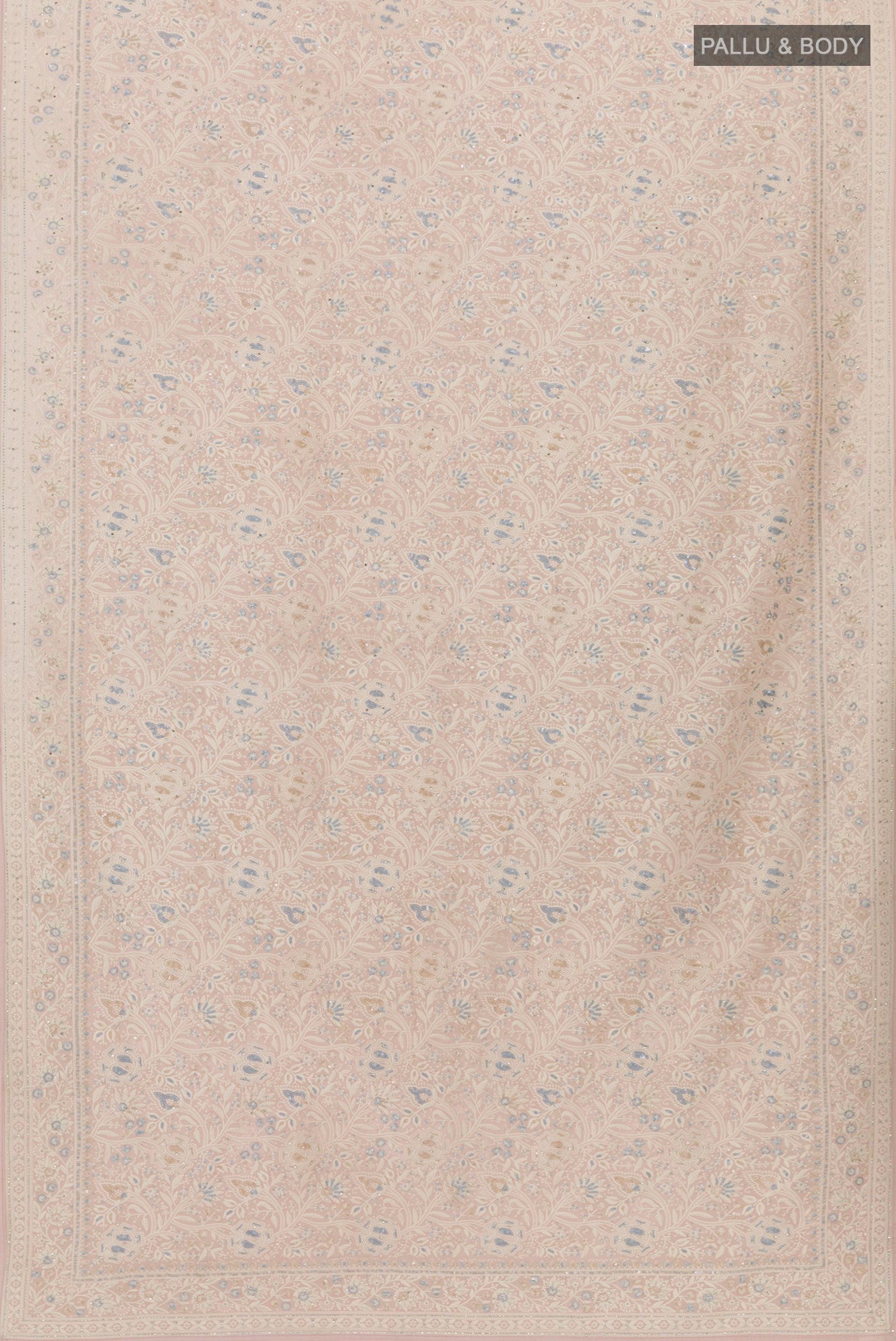 Flat view of Pink Blended Art Silk Saree with Embroidery on the body and Embroidery Border. 