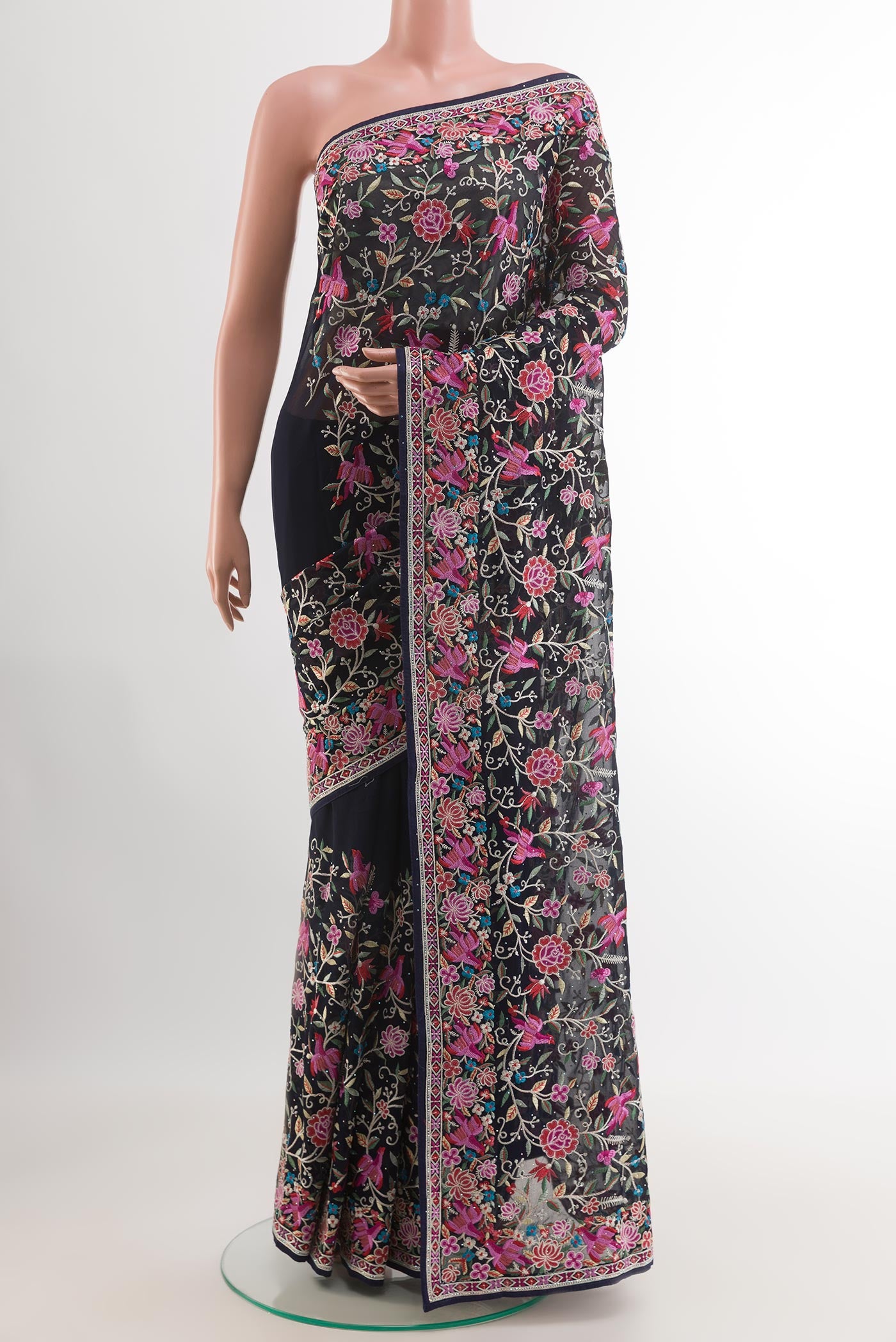 Dark Blue Blended Art Silk Saree with Embroidery on the body and Embroidery Border.  displayed on a mannequin