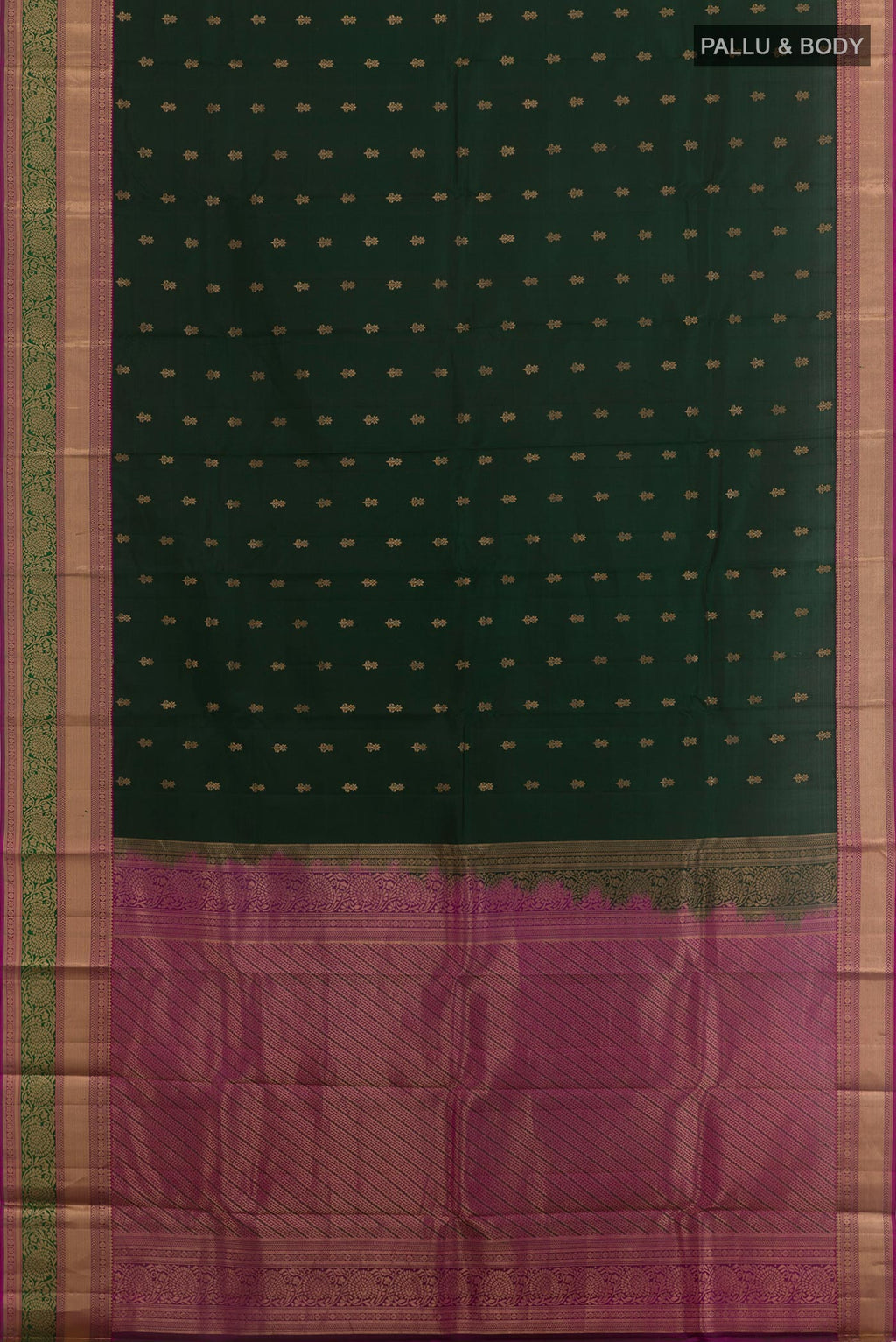 Flat view of Bottle Green Kanchipuram Silk Saree with Zari Butta on the body and Zari Border. 