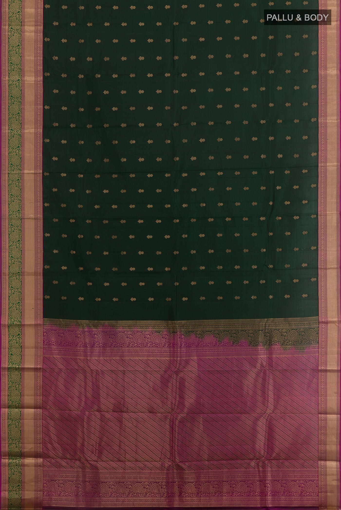 Flat view of Bottle Green Kanchipuram Silk Saree with Zari Butta on the body and Zari Border. 