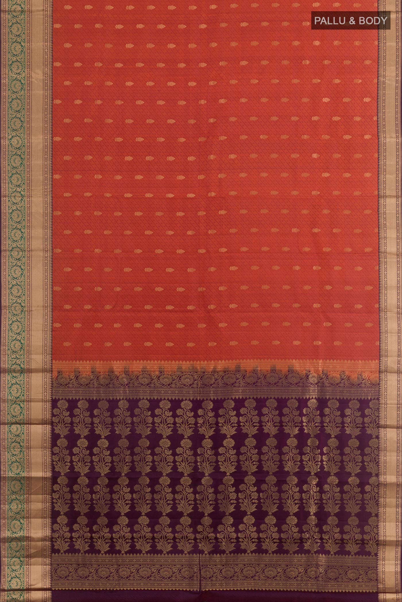 Flat view of Brick Orange Kanchipuram Silk Saree with Jacquard With Zari Butta on the body and Zari Border. 