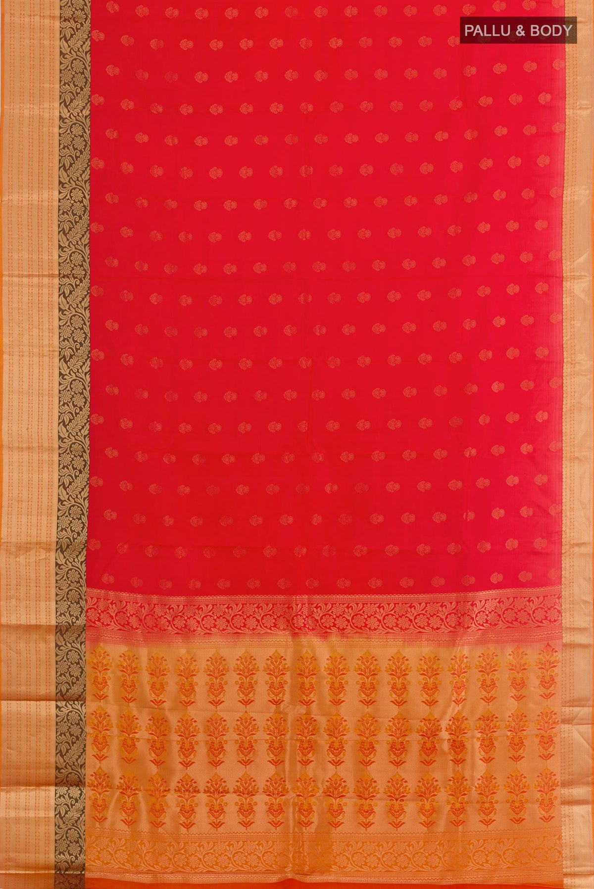 Flat view of Red Kanchipuram Silk Saree with Zari Butta on the body and Zari Border. 