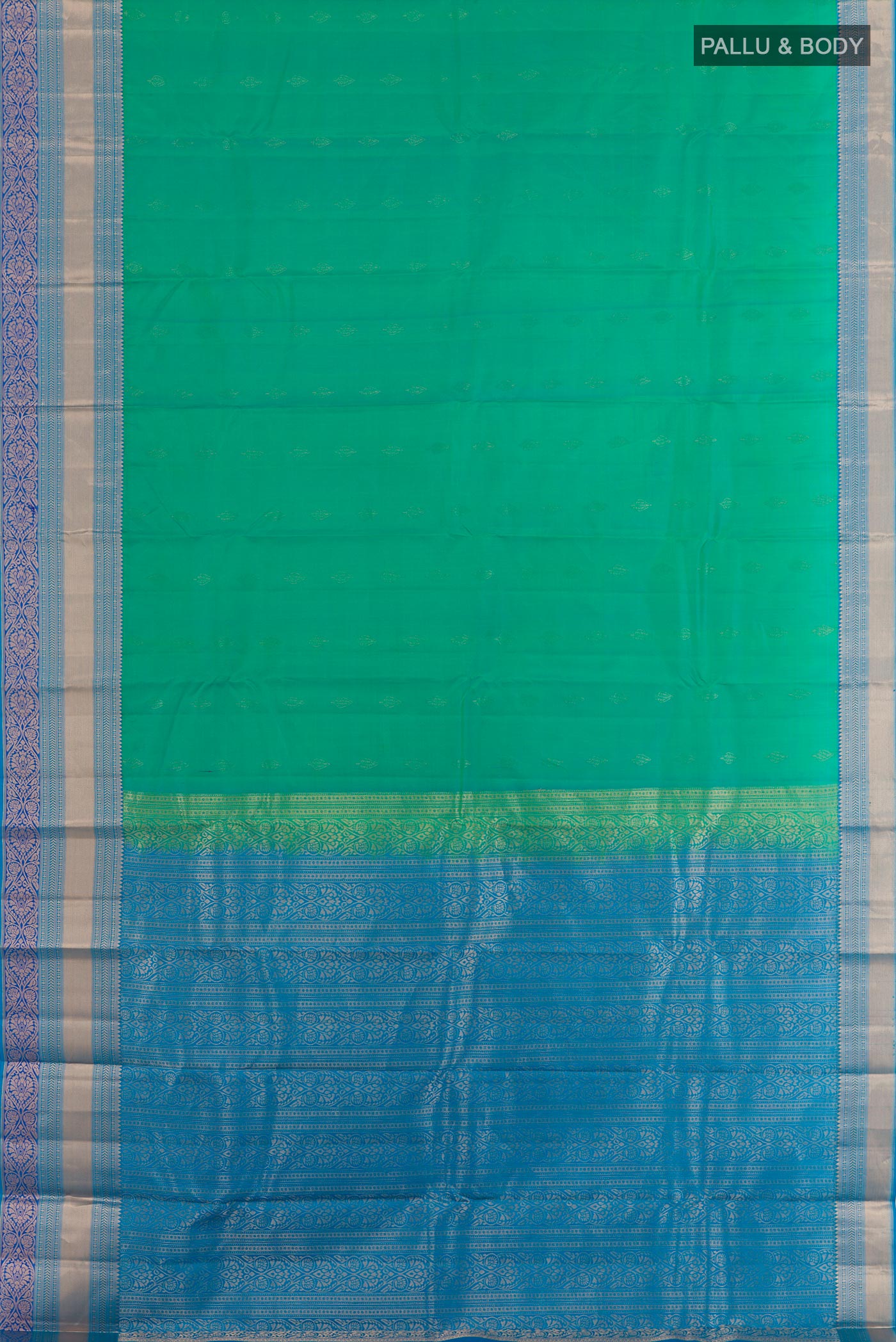 Flat view of Sea Green Kanchipuram Silk Saree with Zari Butta on the body and Zari Border. 