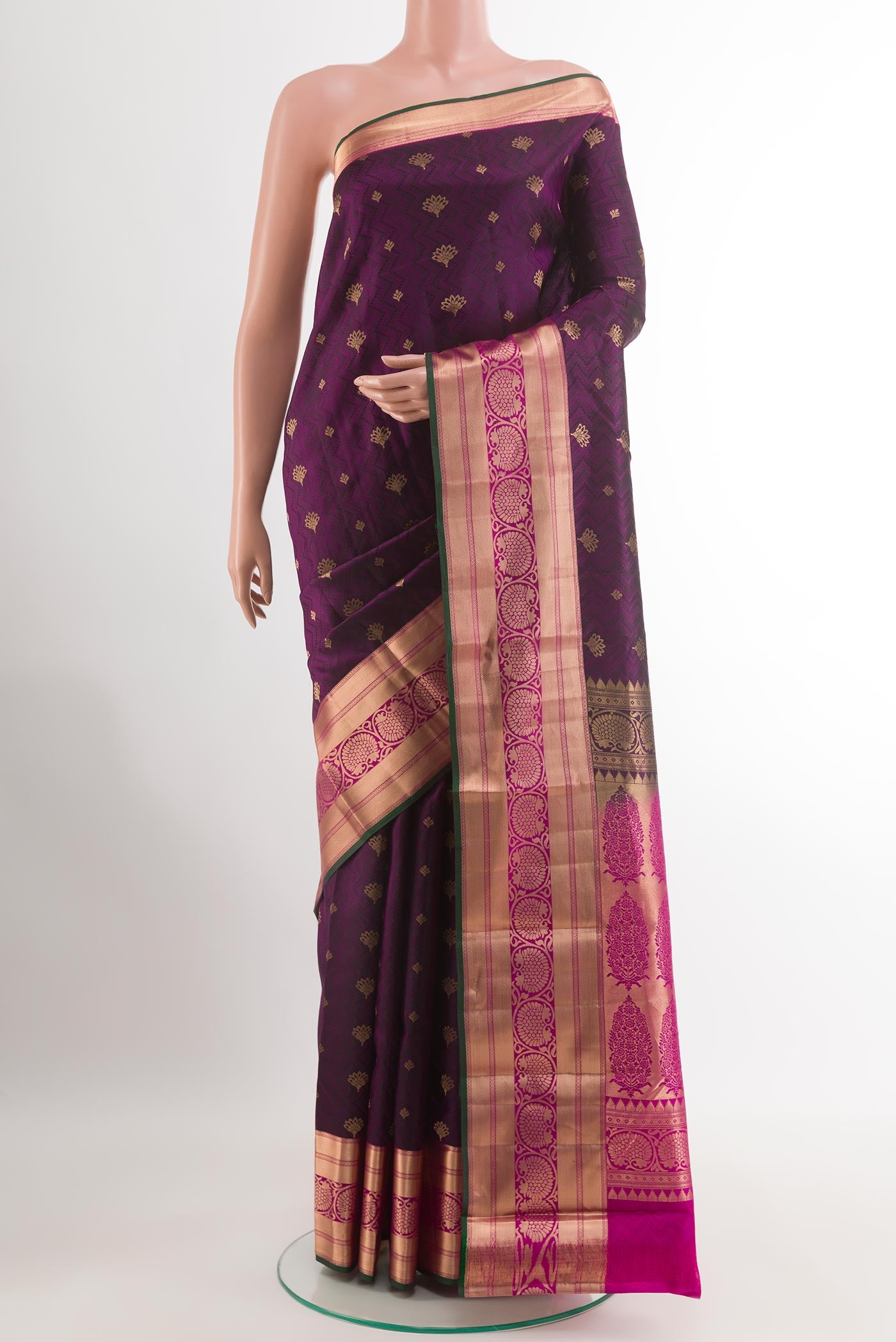 Purple Kanchipuram Silk Saree with Jacquard With Zari Butta on the body and Zari Border.  displayed on a mannequin