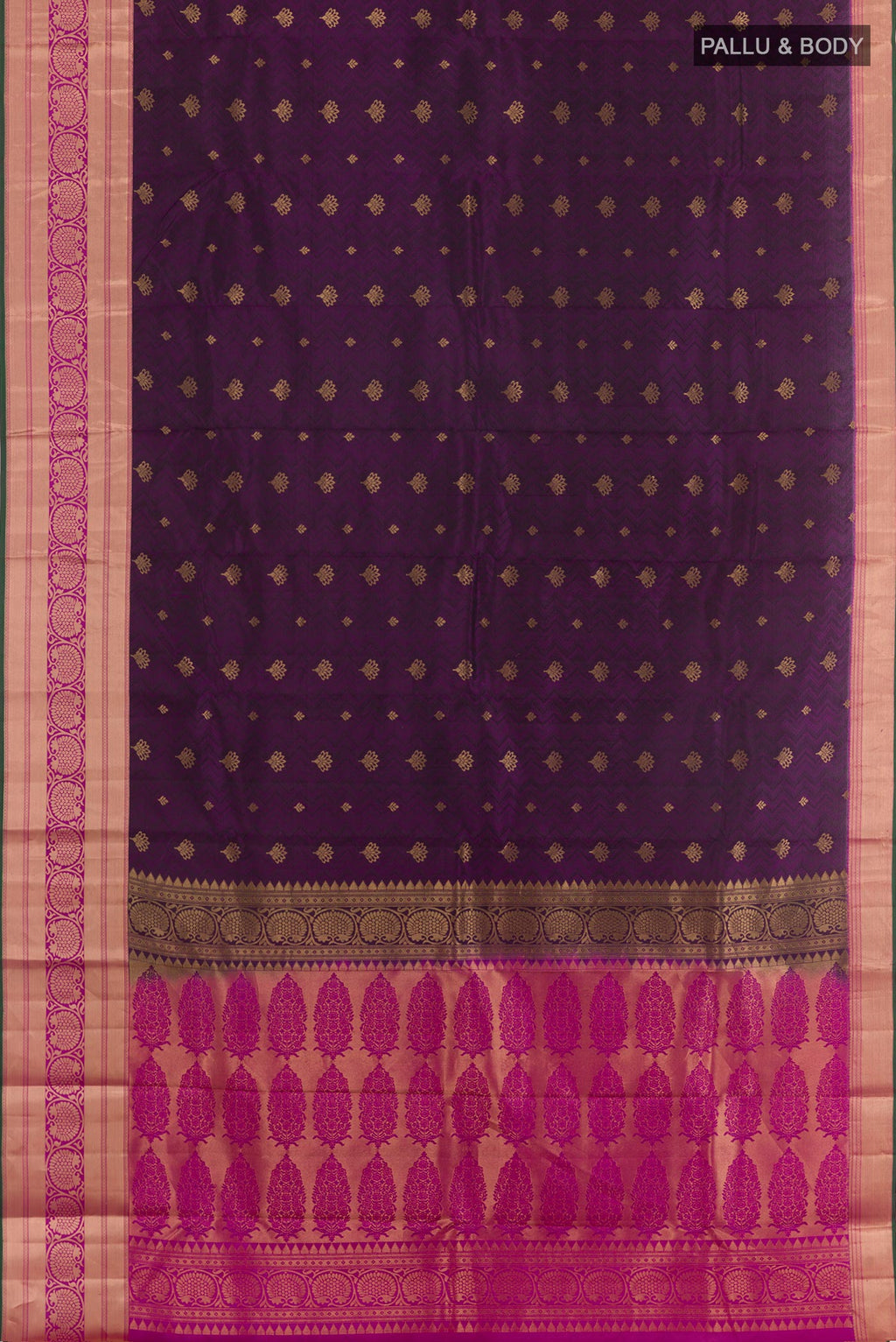 Flat view of Purple Kanchipuram Silk Saree with Jacquard With Zari Butta on the body and Zari Border. 