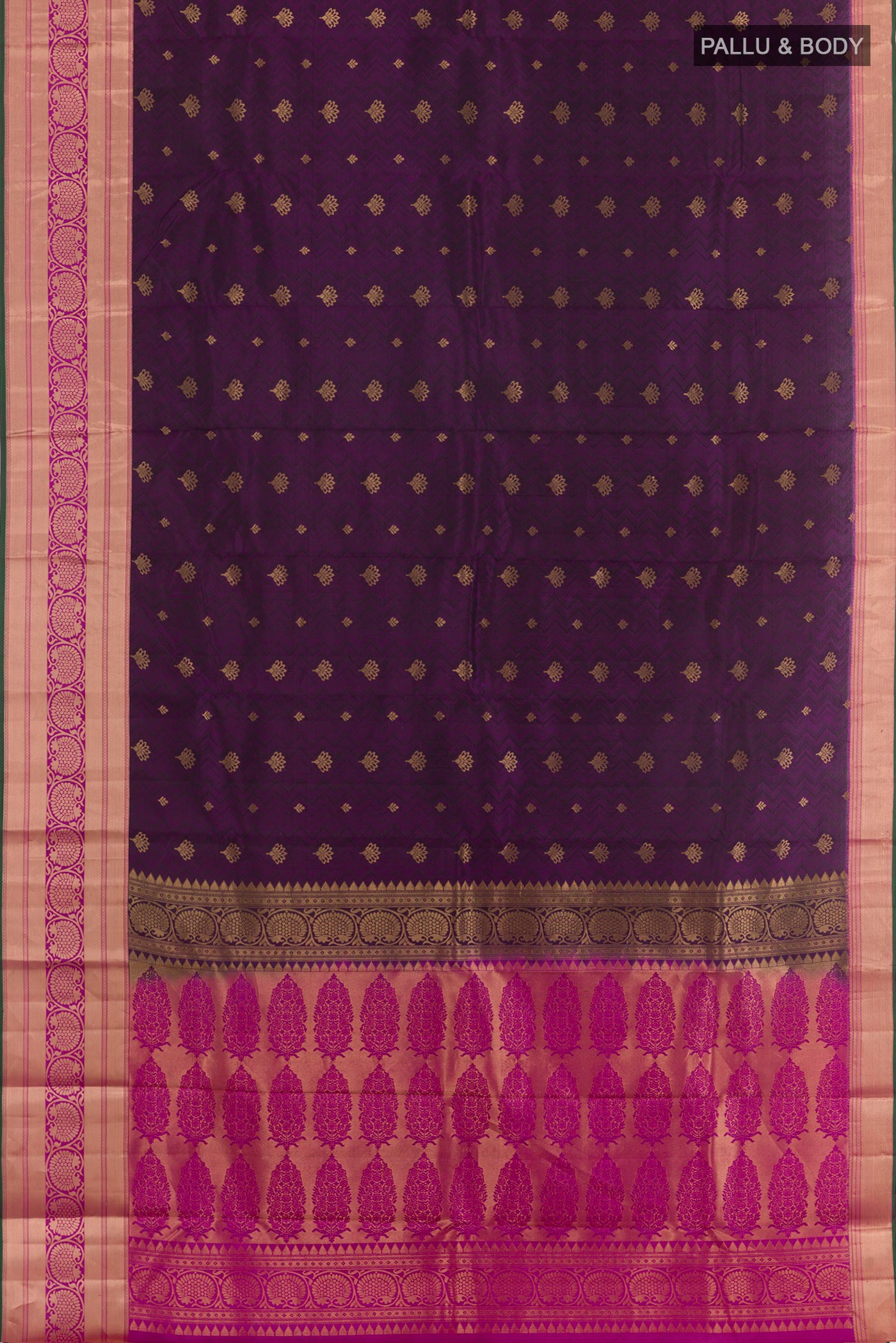 Flat view of Purple Kanchipuram Silk Saree with Jacquard With Zari Butta on the body and Zari Border. 