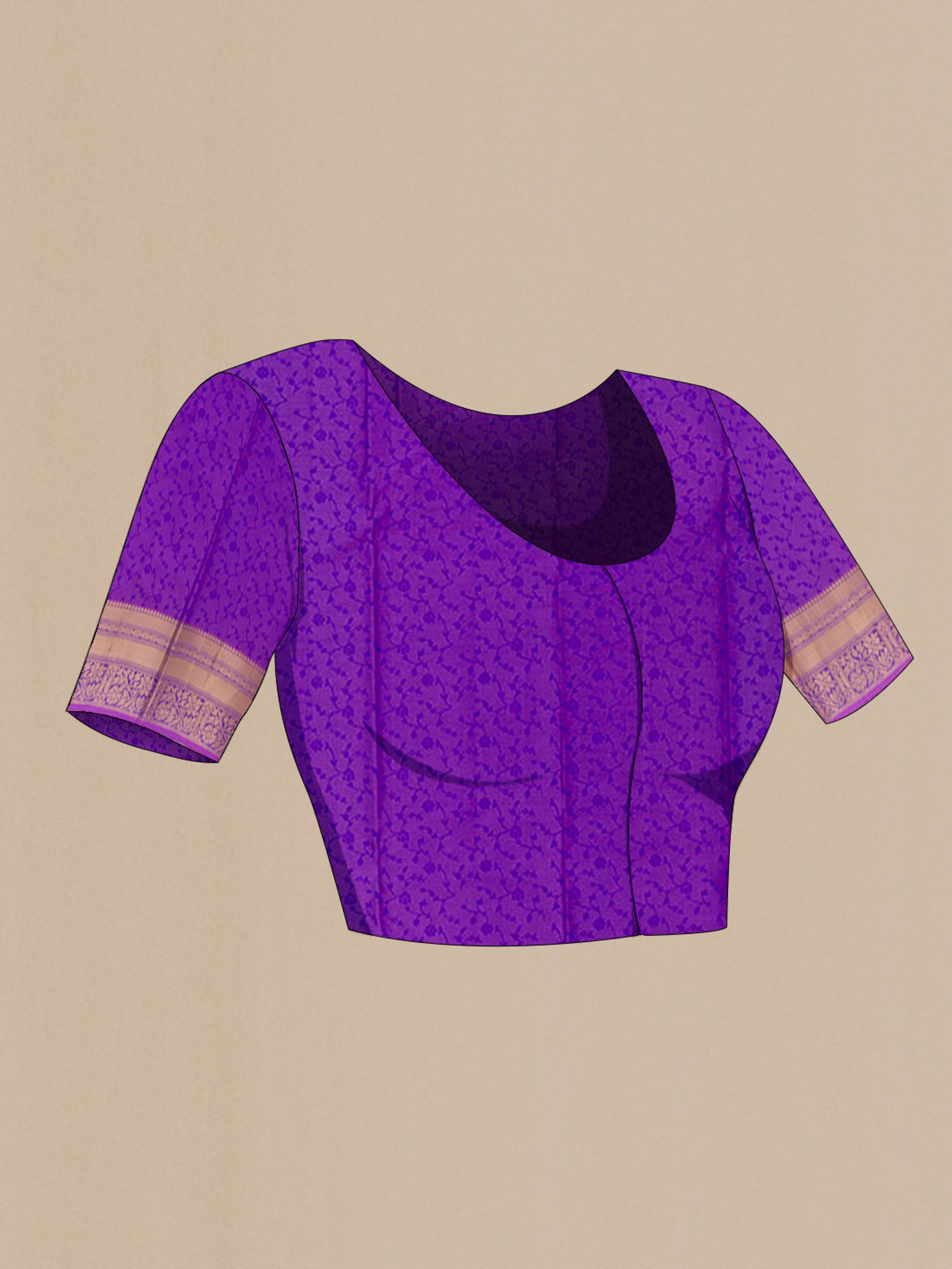 Close up image of the blouse of Dark Blue Kanchipuram Silk Saree with Jacquard With Zari Butta on the body and Zari Border. 