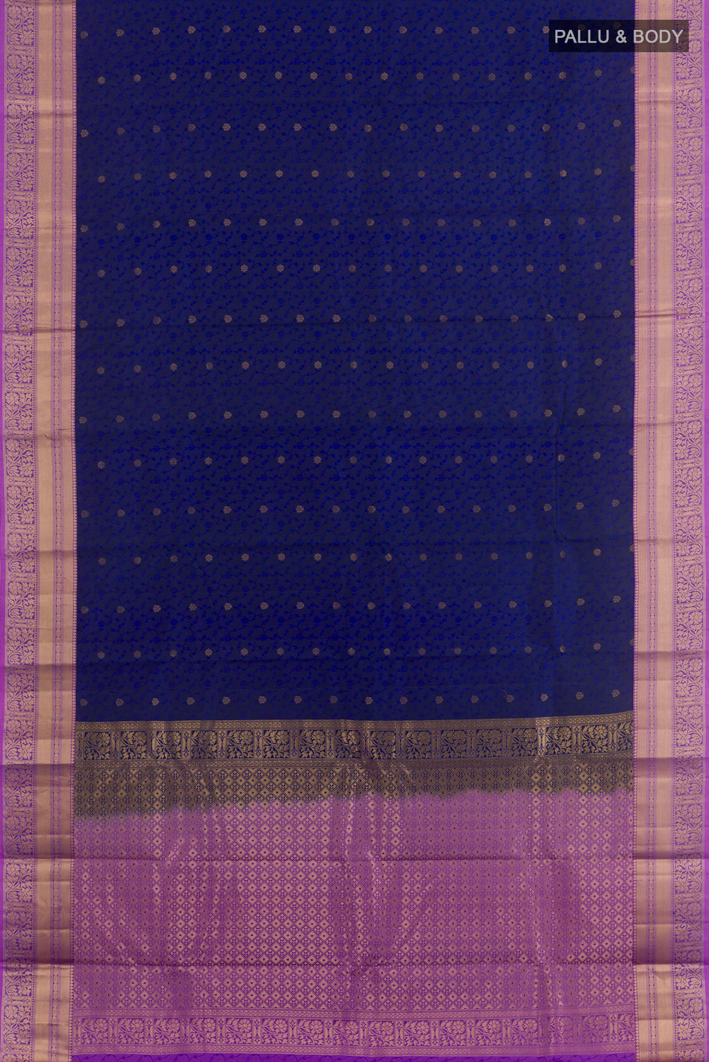 Flat view of Dark Blue Kanchipuram Silk Saree with Jacquard With Zari Butta on the body and Zari Border. 