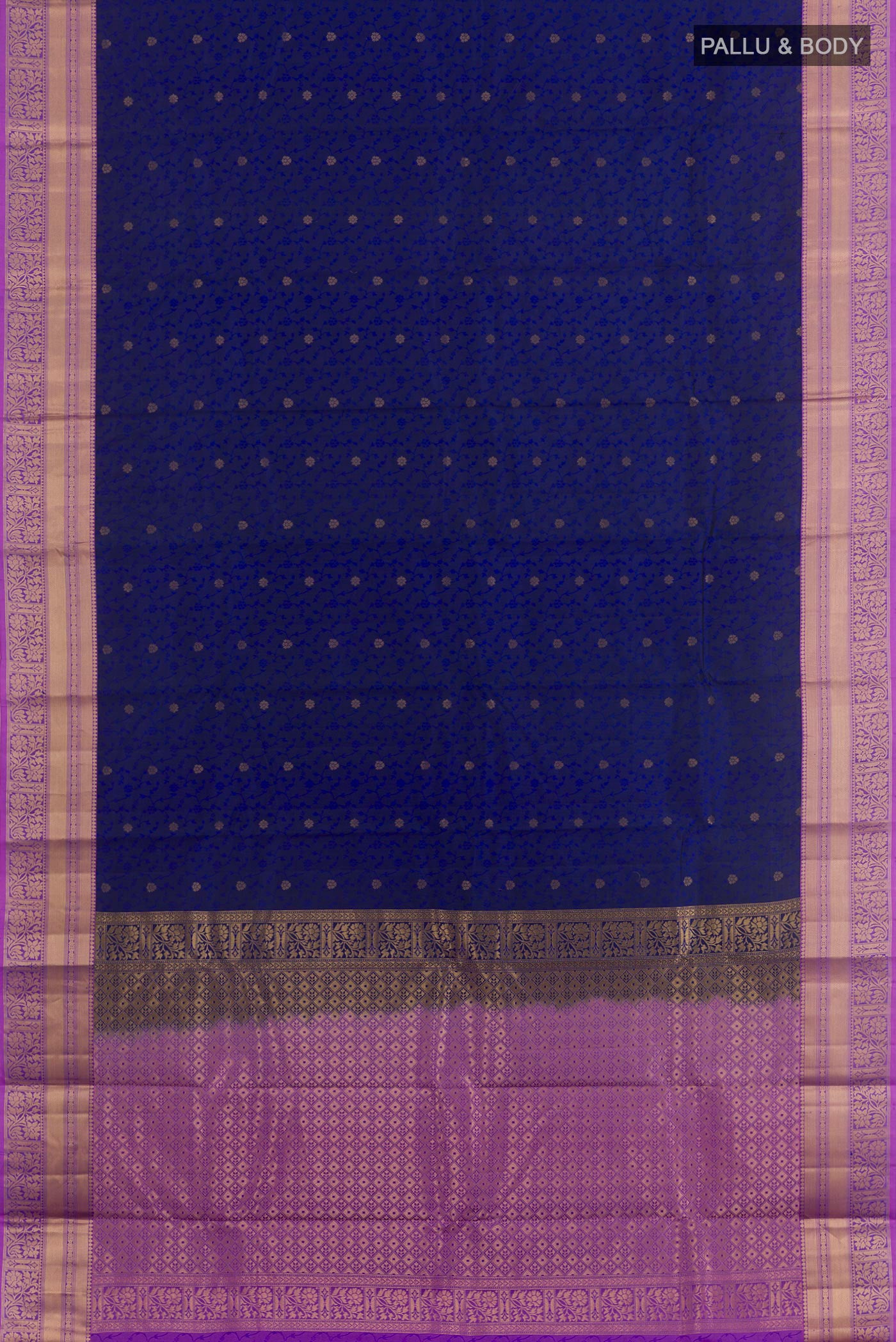 Flat view of Dark Blue Kanchipuram Silk Saree with Jacquard With Zari Butta on the body and Zari Border. 