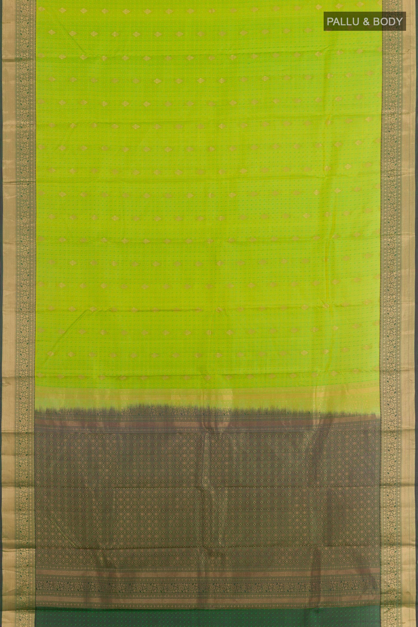 Flat view of Light Green Kanchipuram Silk Saree with Jacquard With Zari Butta on the body and Zari Border. 