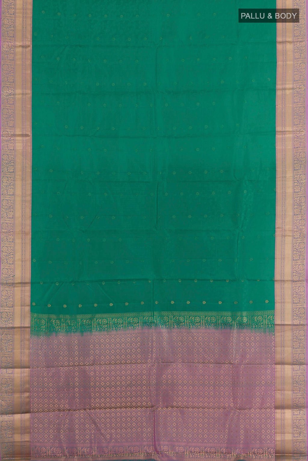 Flat view of Green Kanchipuram Silk Saree with Jacquard With Zari Butta on the body and Zari Border. 