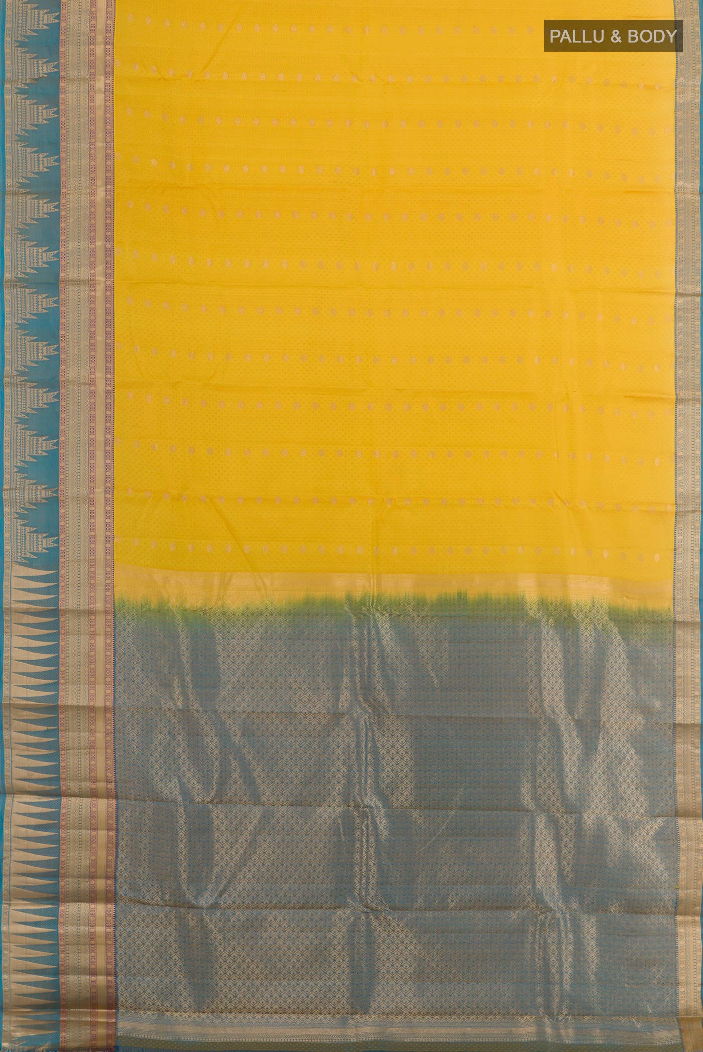 Flat view of Yellow Kanchipuram Silk Saree with Jacquard With Zari Butta on the body and Zari Border. 