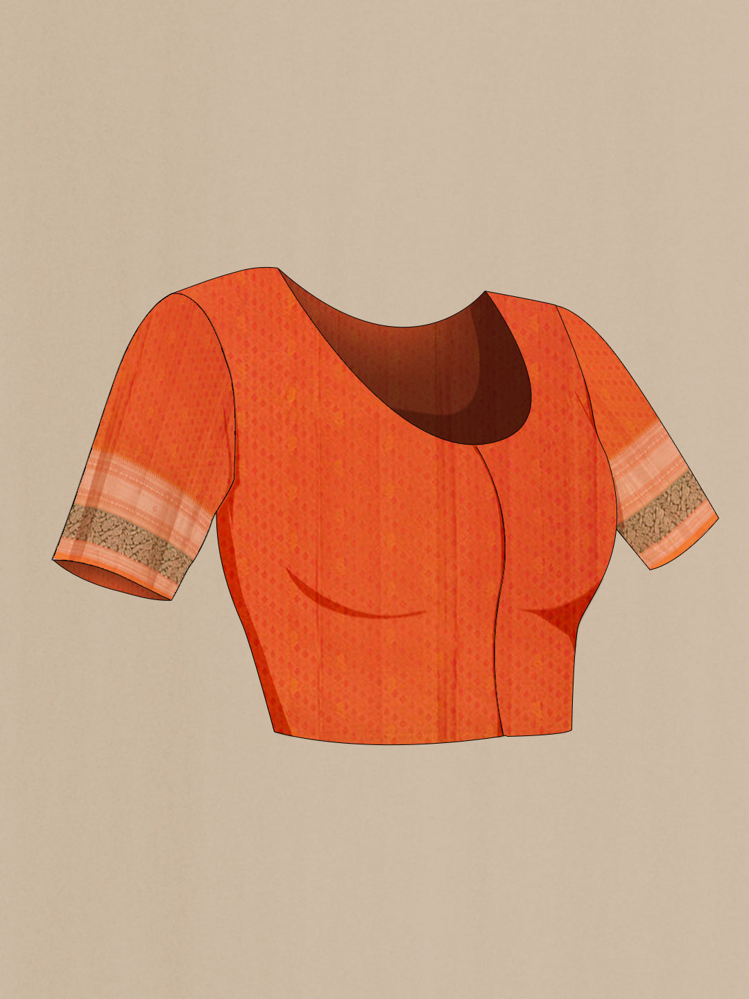 Close up image of the blouse of Red Kanchipuram Silk Saree with Jacquard With Zari Butta on the body and Zari Border. 