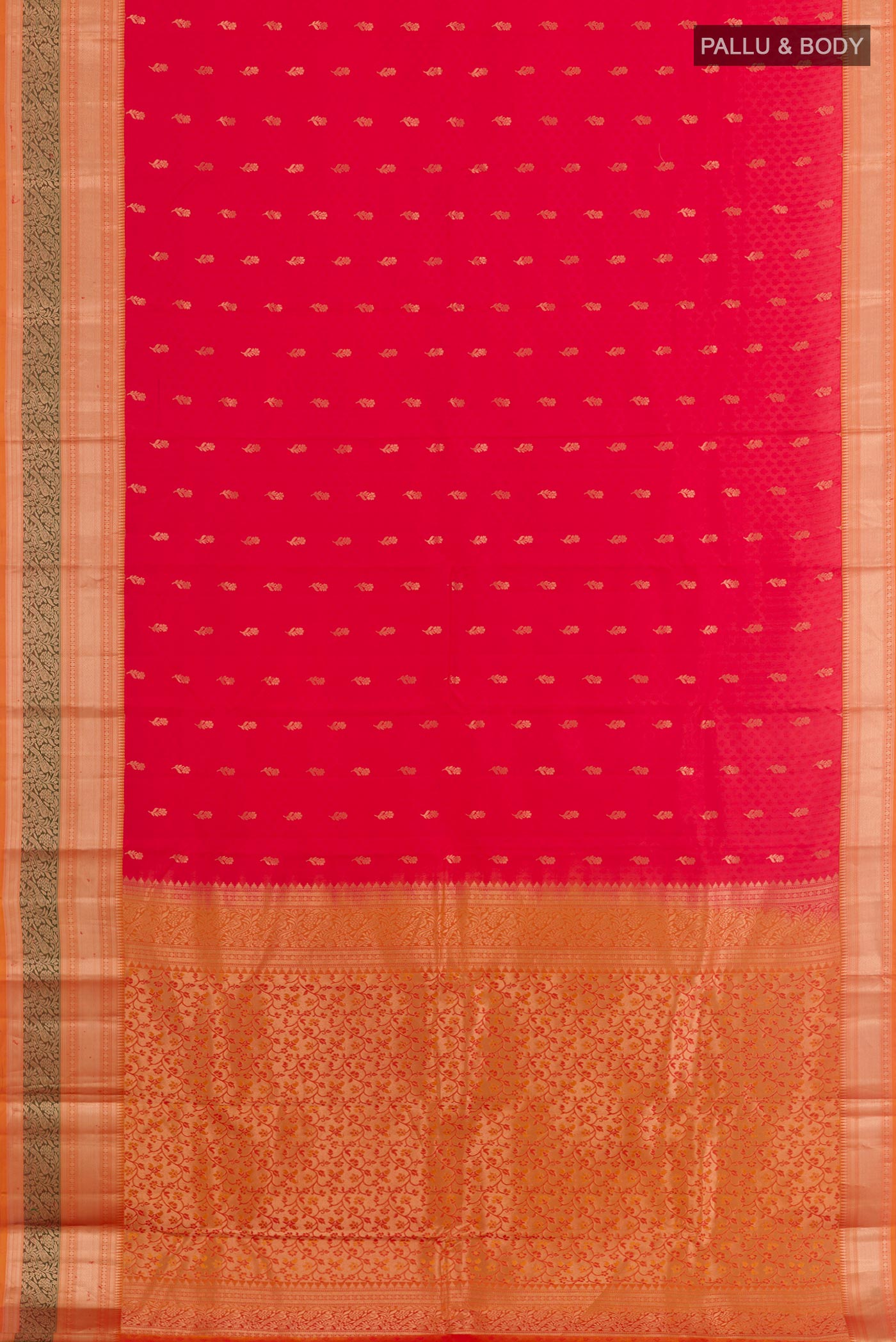 Flat view of Red Kanchipuram Silk Saree with Jacquard With Zari Butta on the body and Zari Border. 