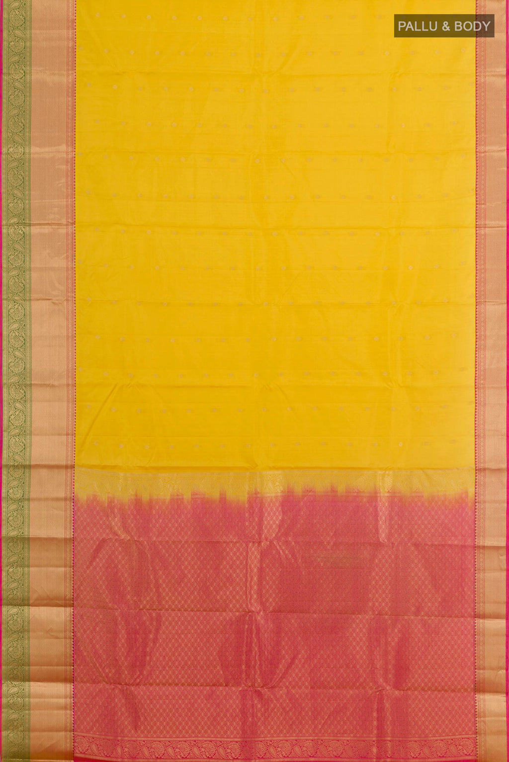 Flat view of Yellow Kanchipuram Silk Saree with Zari Butta on the body and Zari Border. 