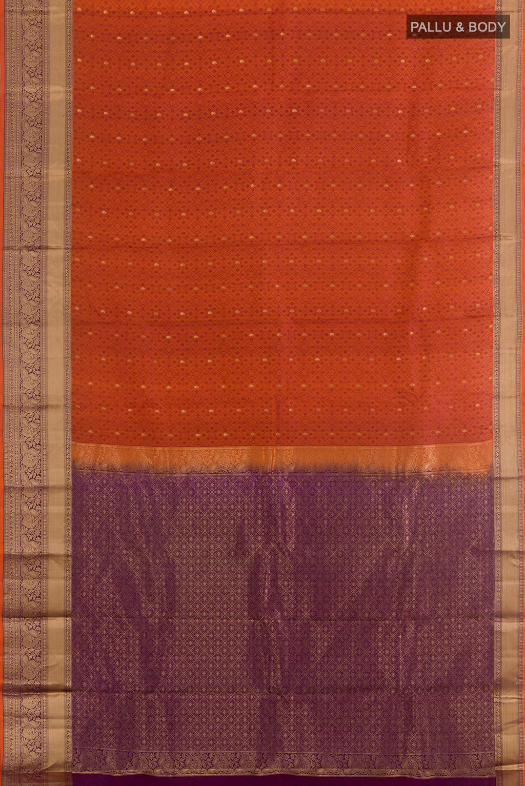 Flat view of Brick Orange Kanchipuram Silk Saree with Jacquard With Zari Butta on the body and Zari Border. 