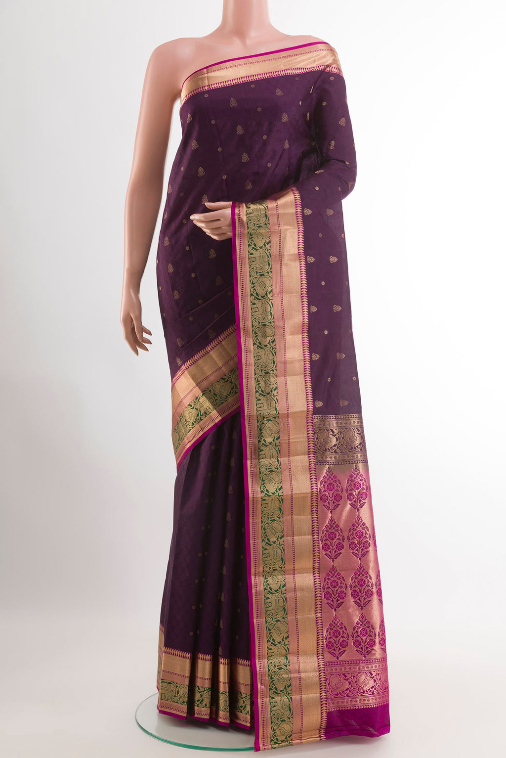 Purple Kanchipuram Silk Saree with Jacquard With Zari Butta on the body and Zari Border.  displayed on a mannequin