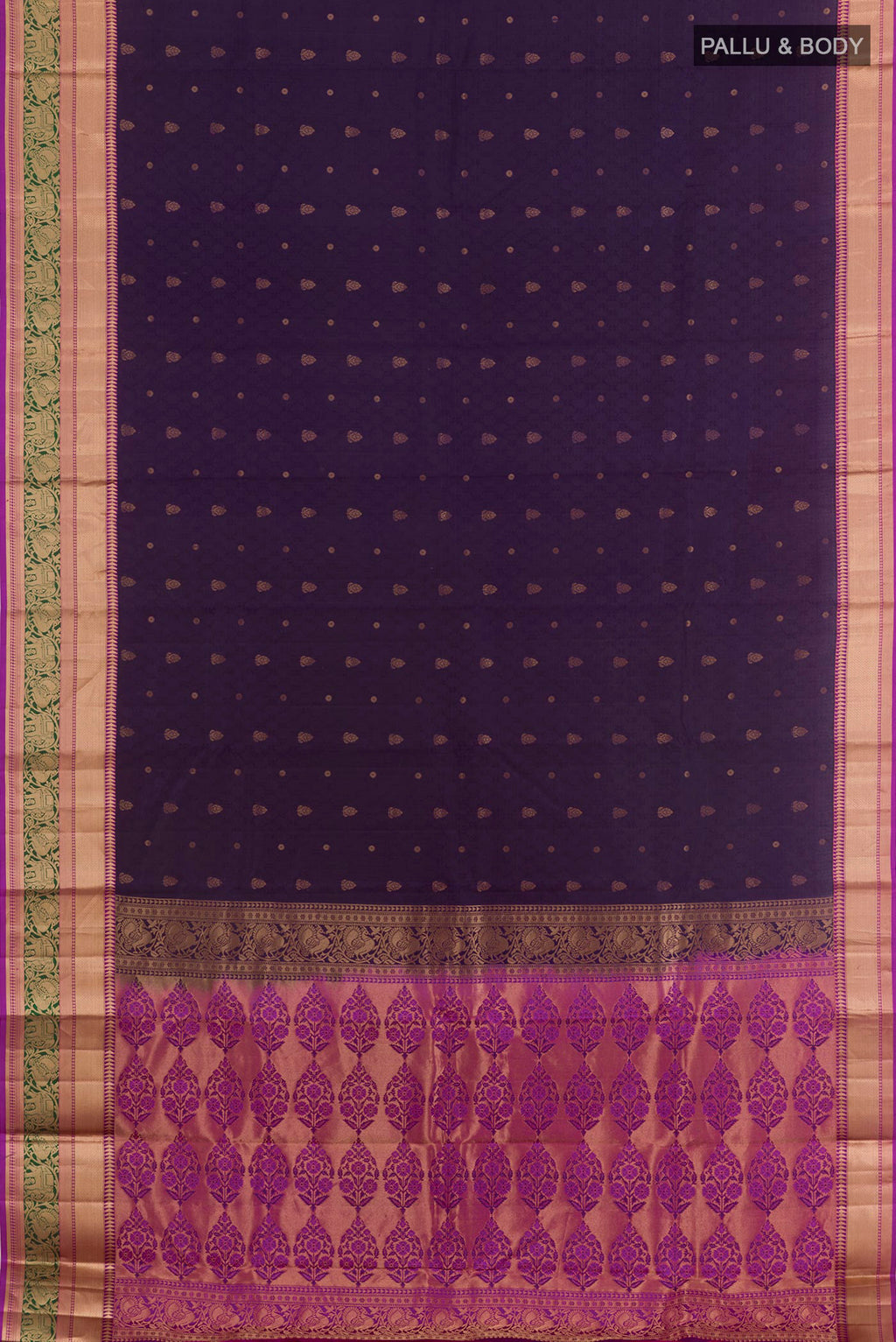 Flat view of Purple Kanchipuram Silk Saree with Jacquard With Zari Butta on the body and Zari Border. 