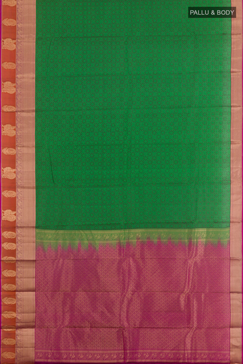 Flat view of Green Kanchipuram Silk Saree with Jacquard With Zari Butta on the body and Zari Border. 