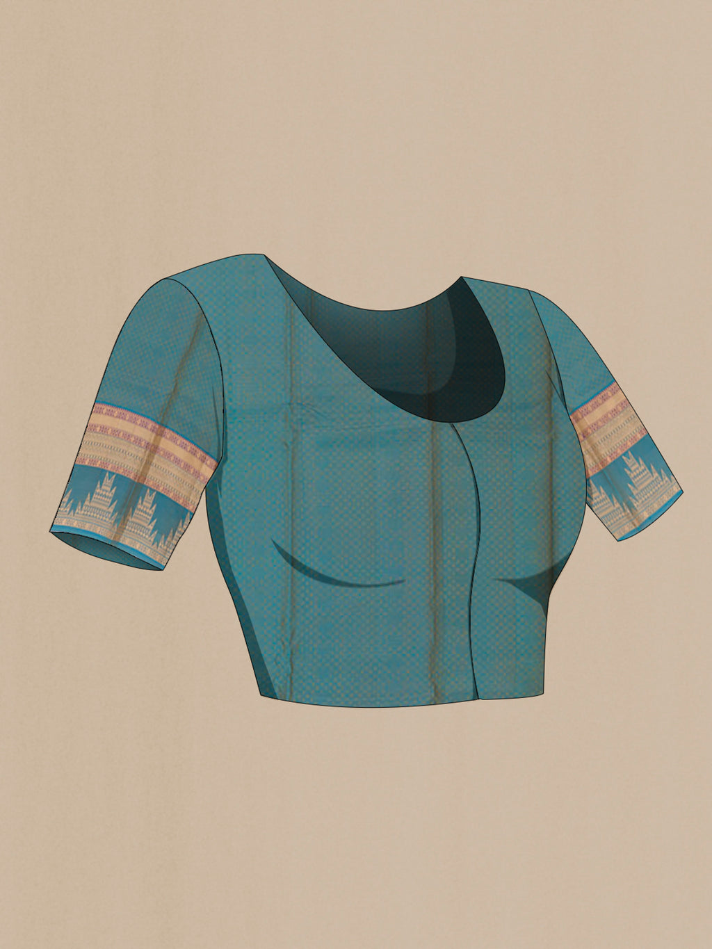 Close up image of the blouse of Peach Kanchipuram Silk Saree with Jacquard With Zari Butta on the body and Zari Border. 