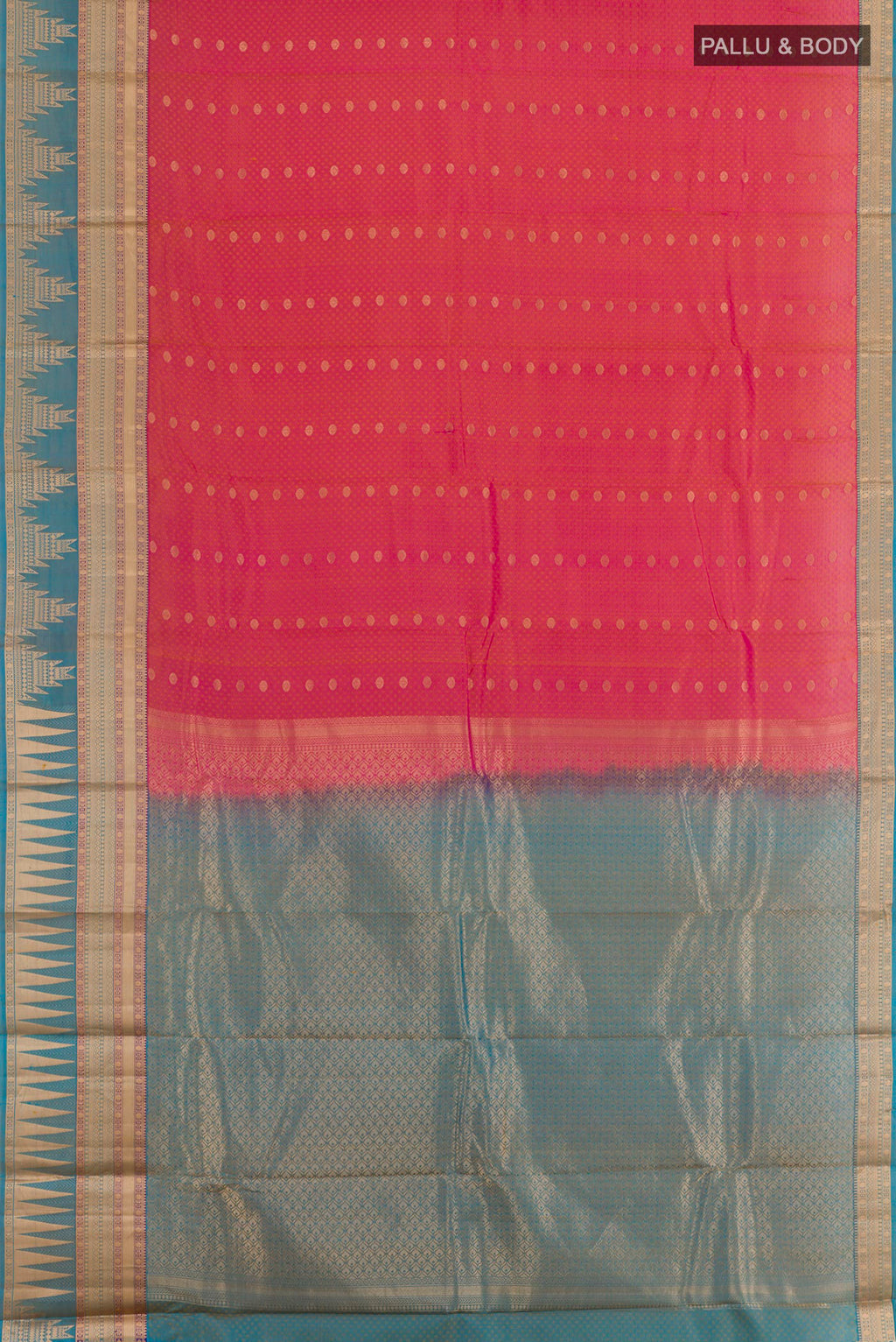 Flat view of Peach Kanchipuram Silk Saree with Jacquard With Zari Butta on the body and Zari Border. 