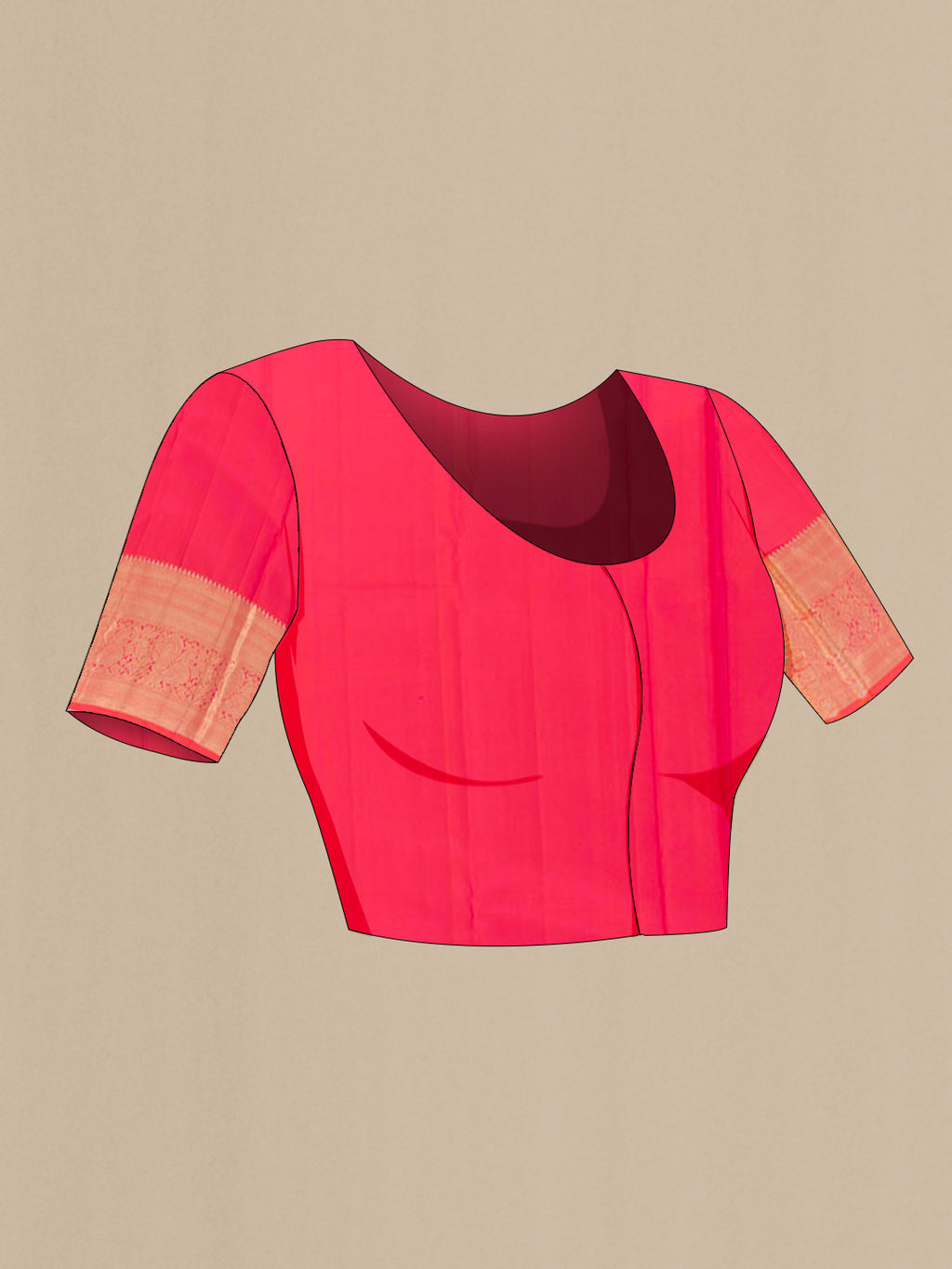 Close up image of the blouse of Orange Kanchipuram Silk Saree with Zari Brocade on the body and Zari Border. 