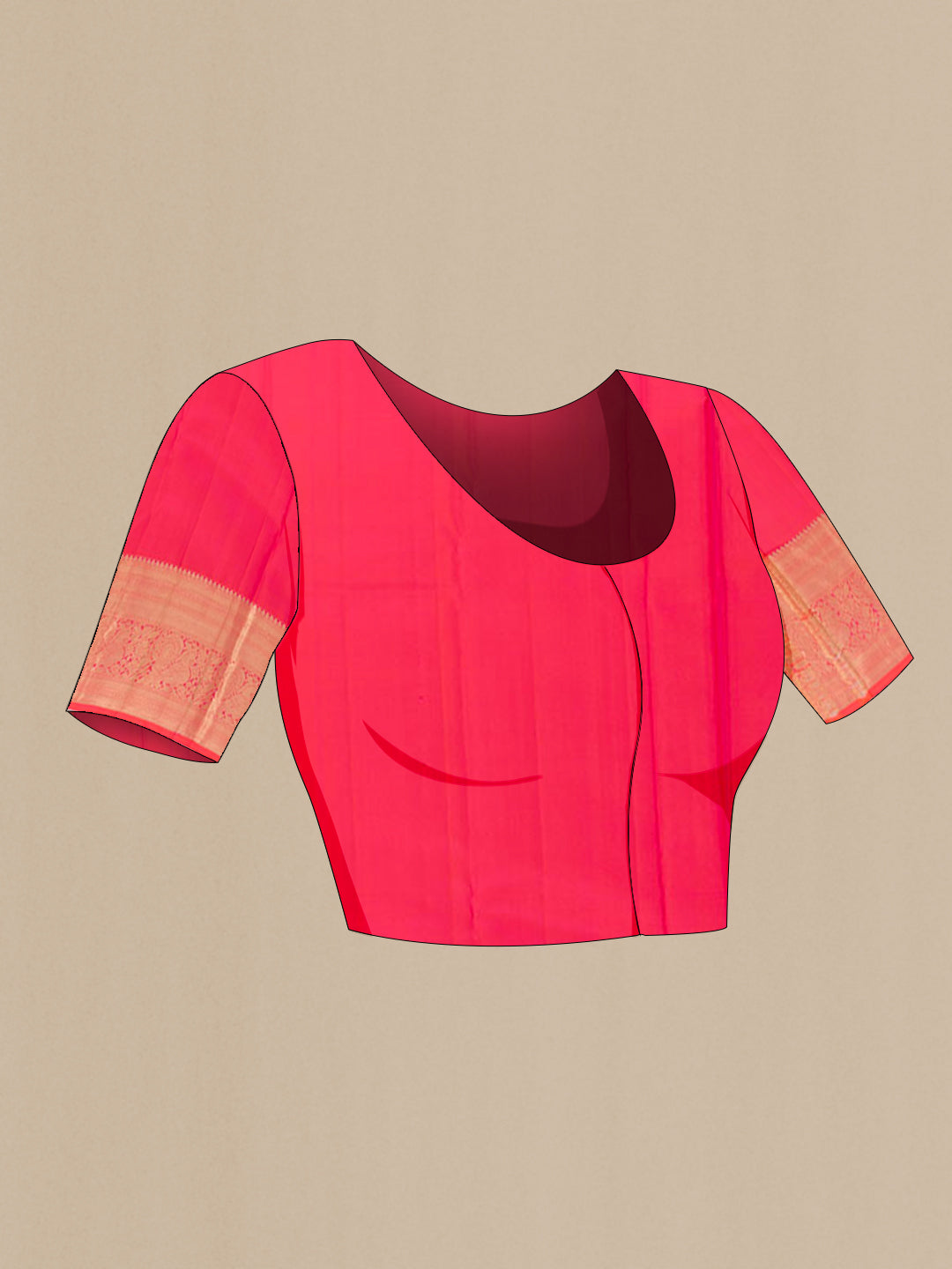 Close up image of the blouse of Orange Kanchipuram Silk Saree with Zari Brocade on the body and Zari Border. 