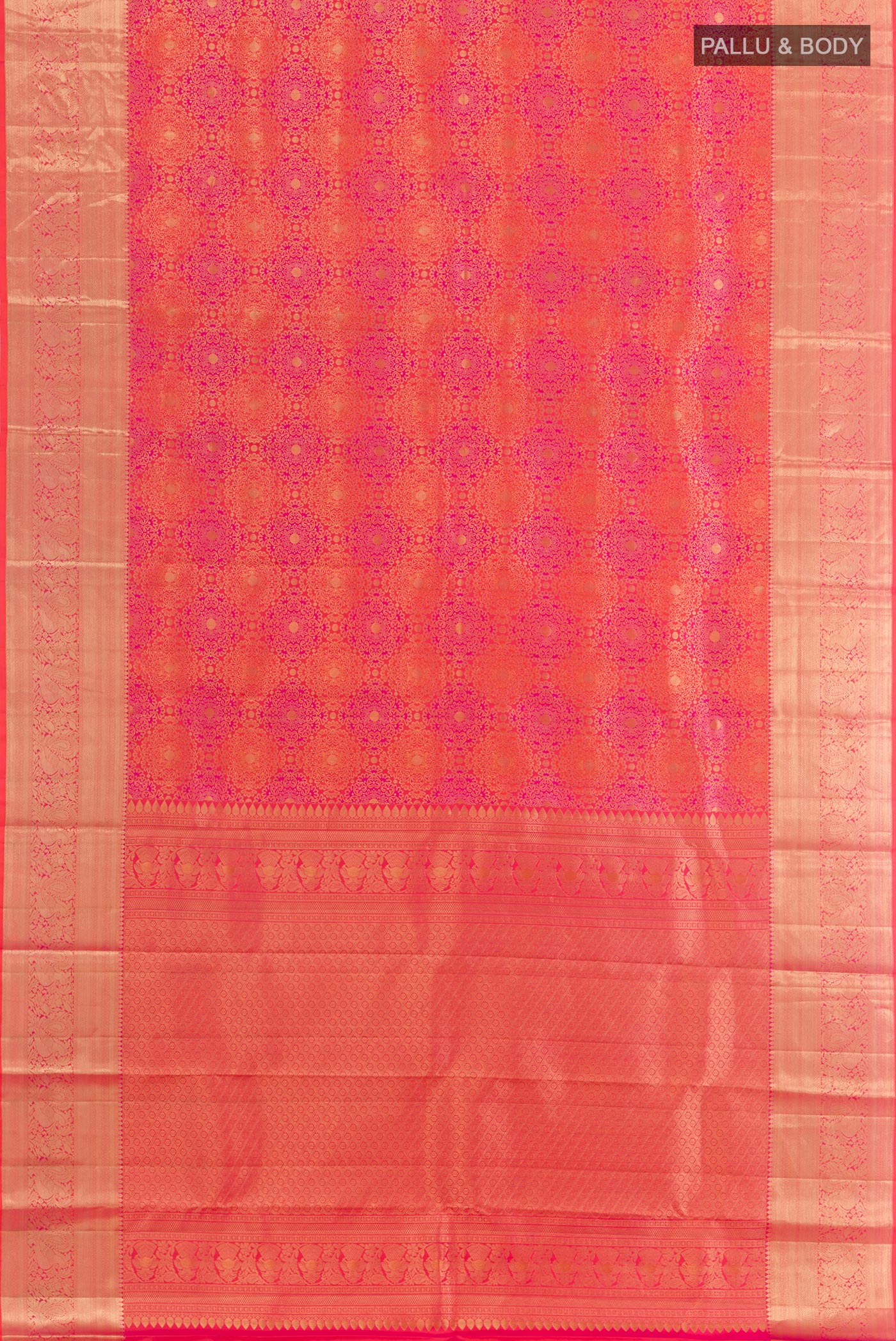 Flat view of Orange Kanchipuram Silk Saree with Zari Brocade on the body and Zari Border. 