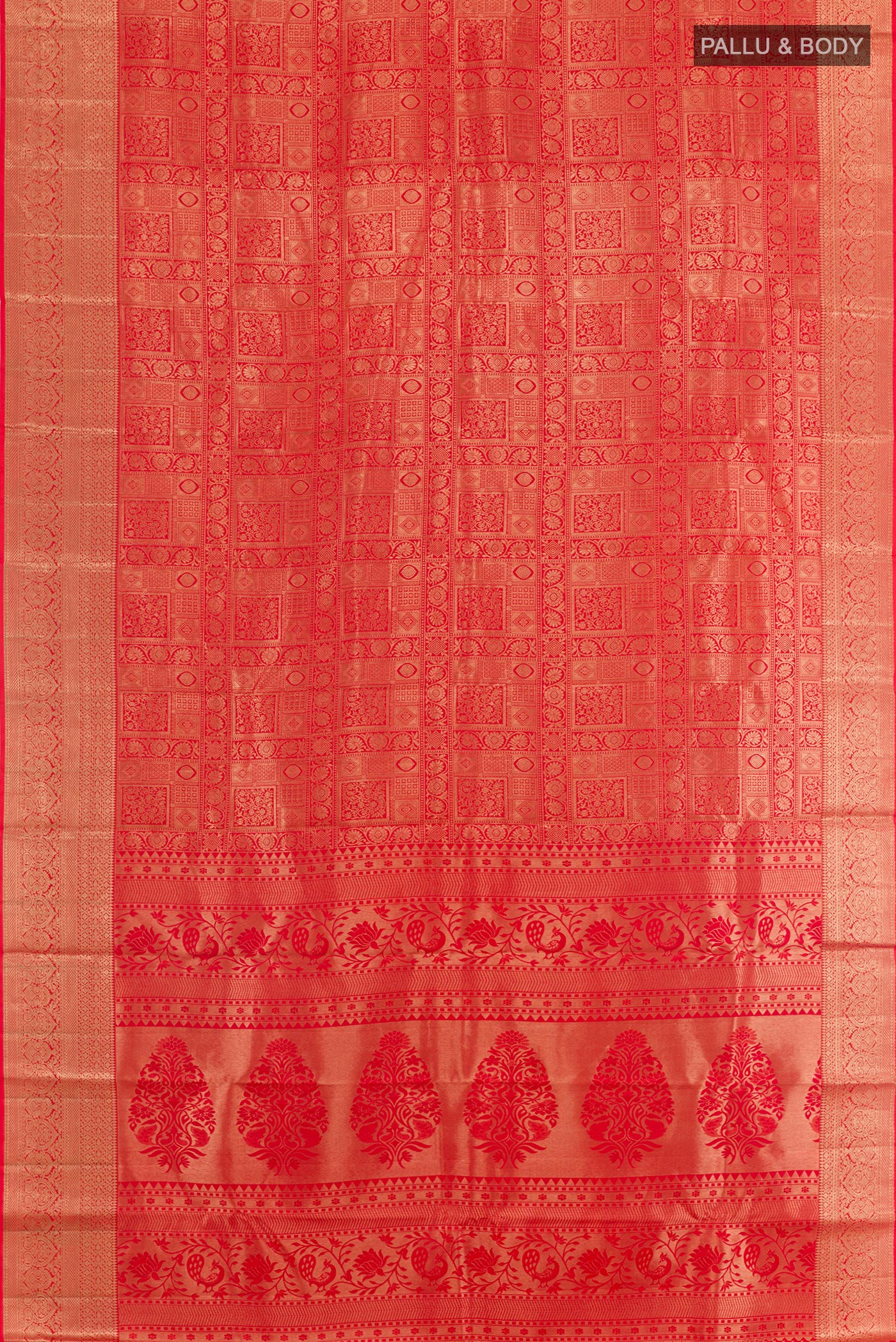 Flat view of Red Kanchipuram Silk Saree with Zari Brocade on the body and Zari Border. 