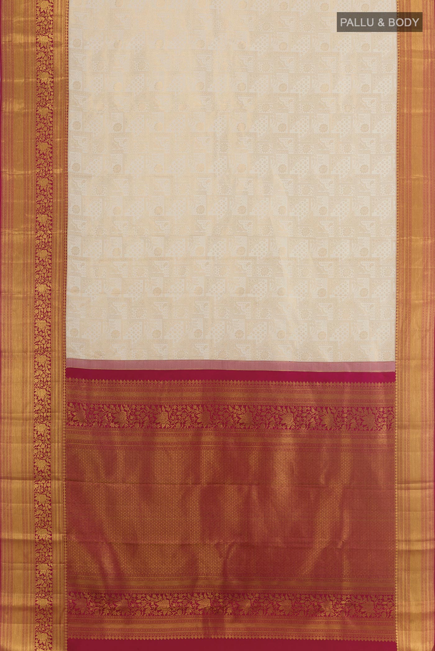 Flat view of Off White Kanjivaram Silk Saree with Zari Brocade on the body and Zari Border. 