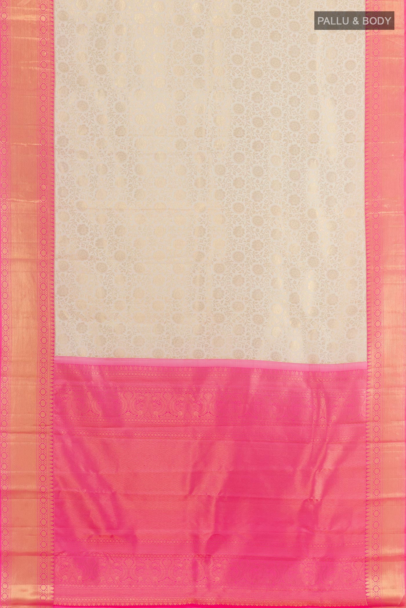 Flat view of Off White Kanjivaram Silk Saree with Zari Brocade on the body and Zari Border. 