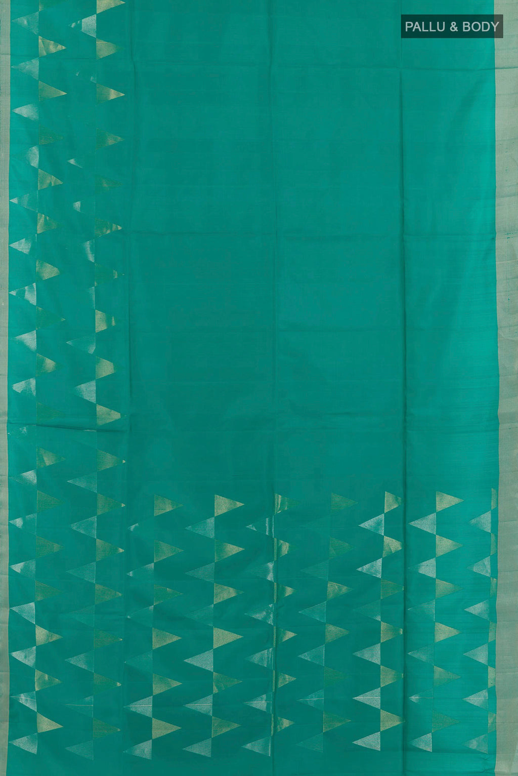Flat view of Sea Green Soft Silk Saree with Zari Butta on the body and Zari Border. 