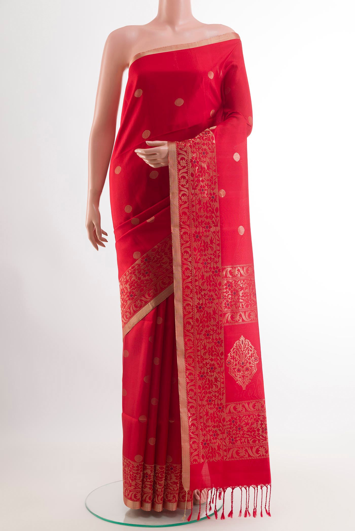 Red Raw Silk Saree with Zari Butta on the body and Zari Border.  displayed on a mannequin