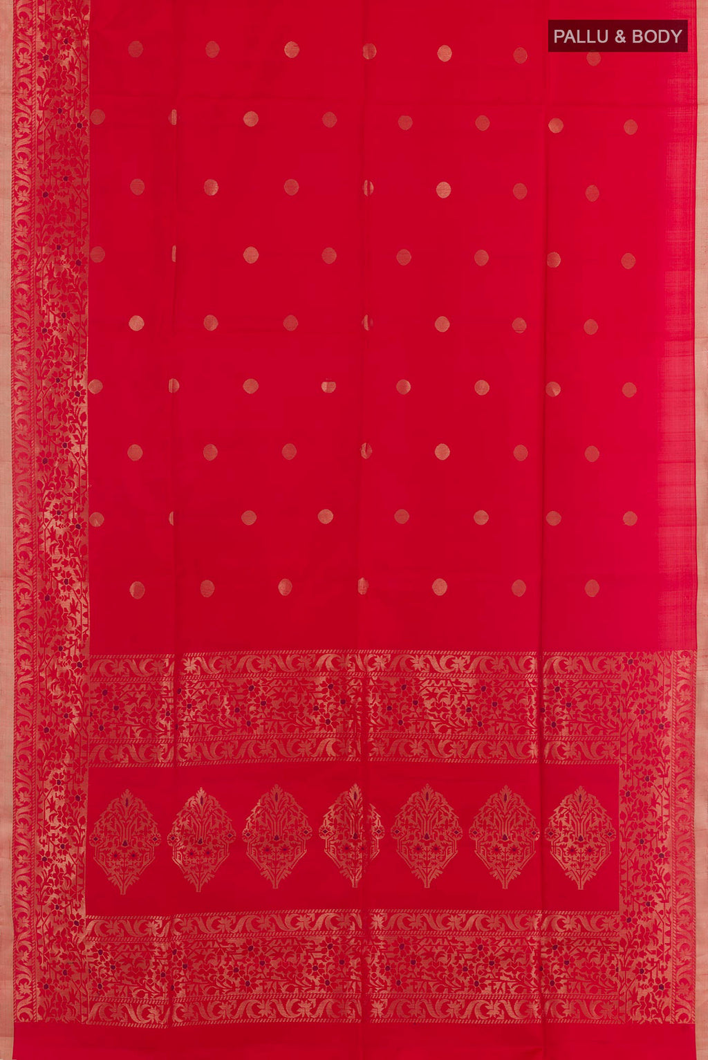 Flat view of Red Raw Silk Saree with Zari Butta on the body and Zari Border. 