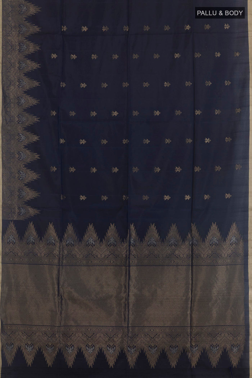 Flat view of Dark Blue Soft Silk Saree with Zari Butta on the body and Zari Border. 
