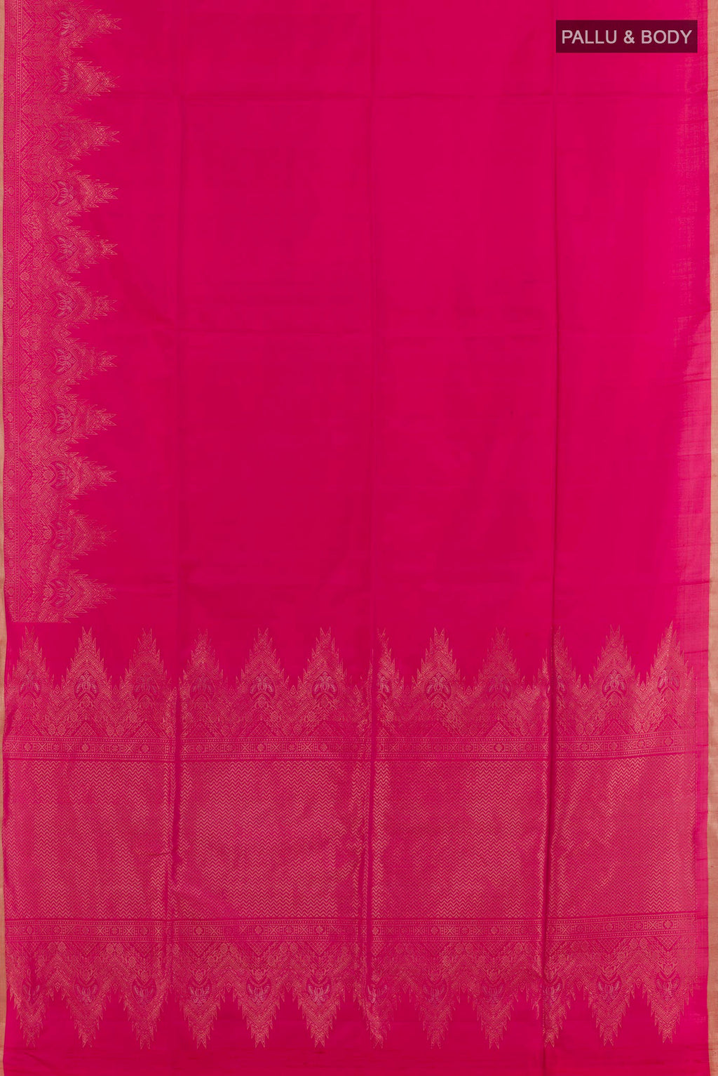 Flat view of Pink Soft Silk Saree with Zari Butta on the body and Zari Border. 