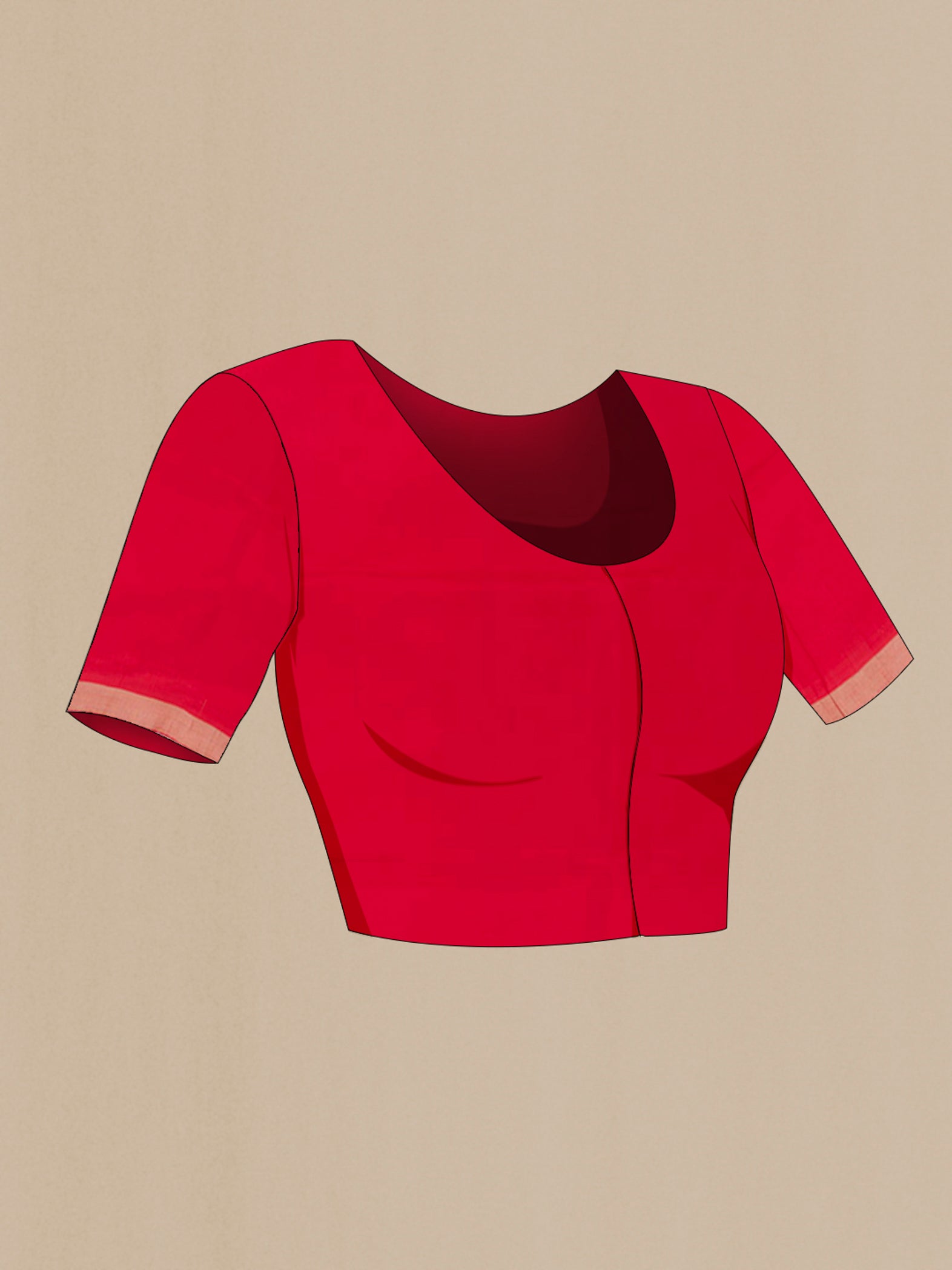 Close up image of the blouse of Red Soft Silk Saree with Zari Butta on the body and Zari Border. 