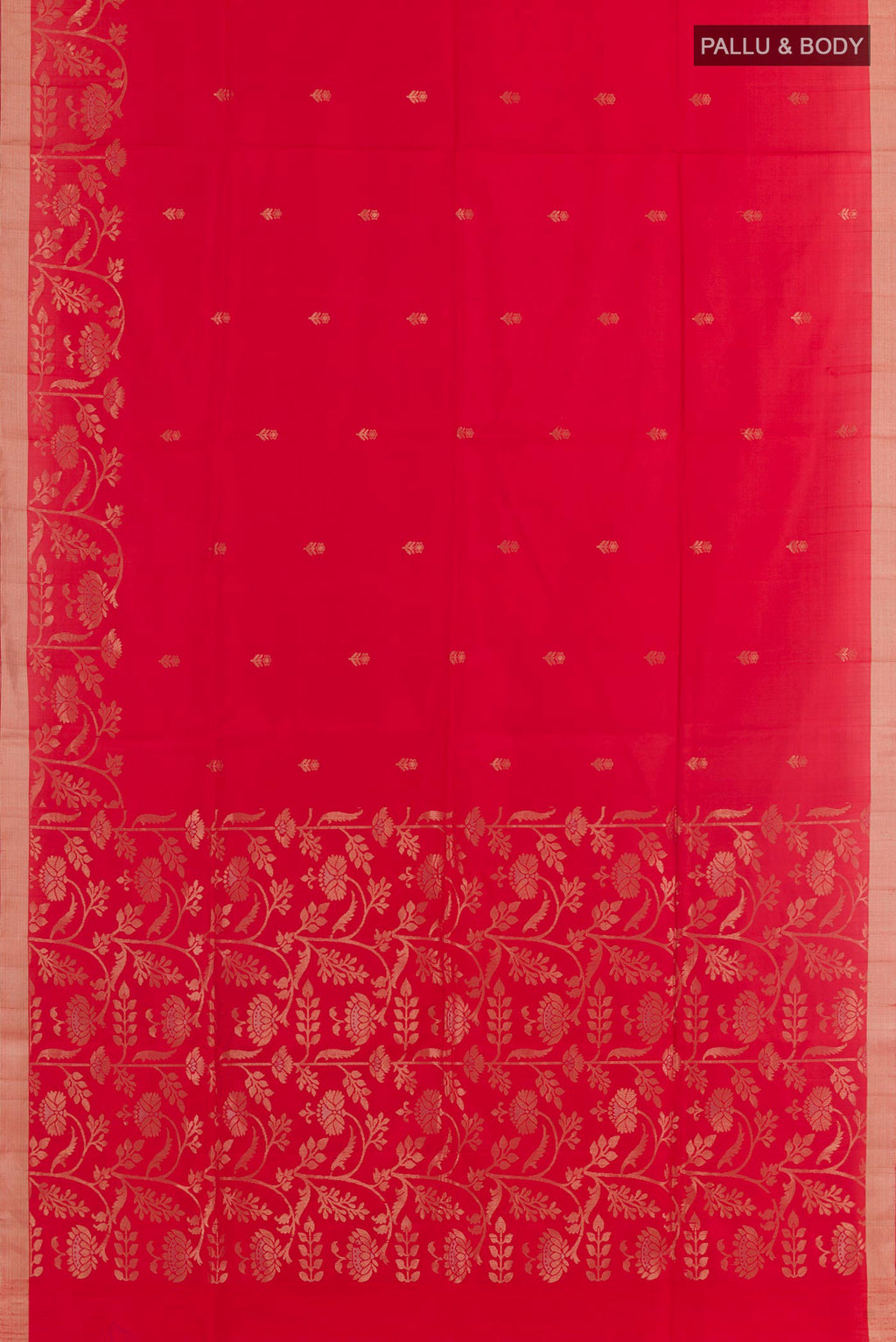 Flat view of Red Soft Silk Saree with Zari Butta on the body and Zari Border. 