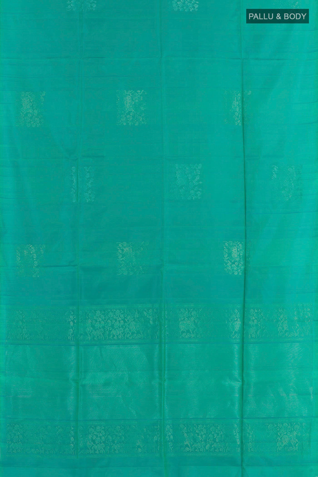 Flat view of Sea Green Soft Silk Saree with Zari Butta on the body and Zari Border. 