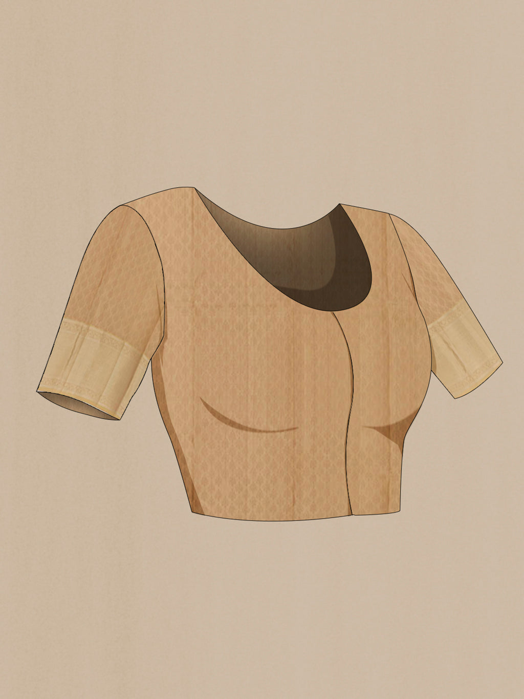 Close up image of the blouse of Beige Kanchipuram Silk Saree with Jacquard With Zari Butta on the body and Zari Border. 