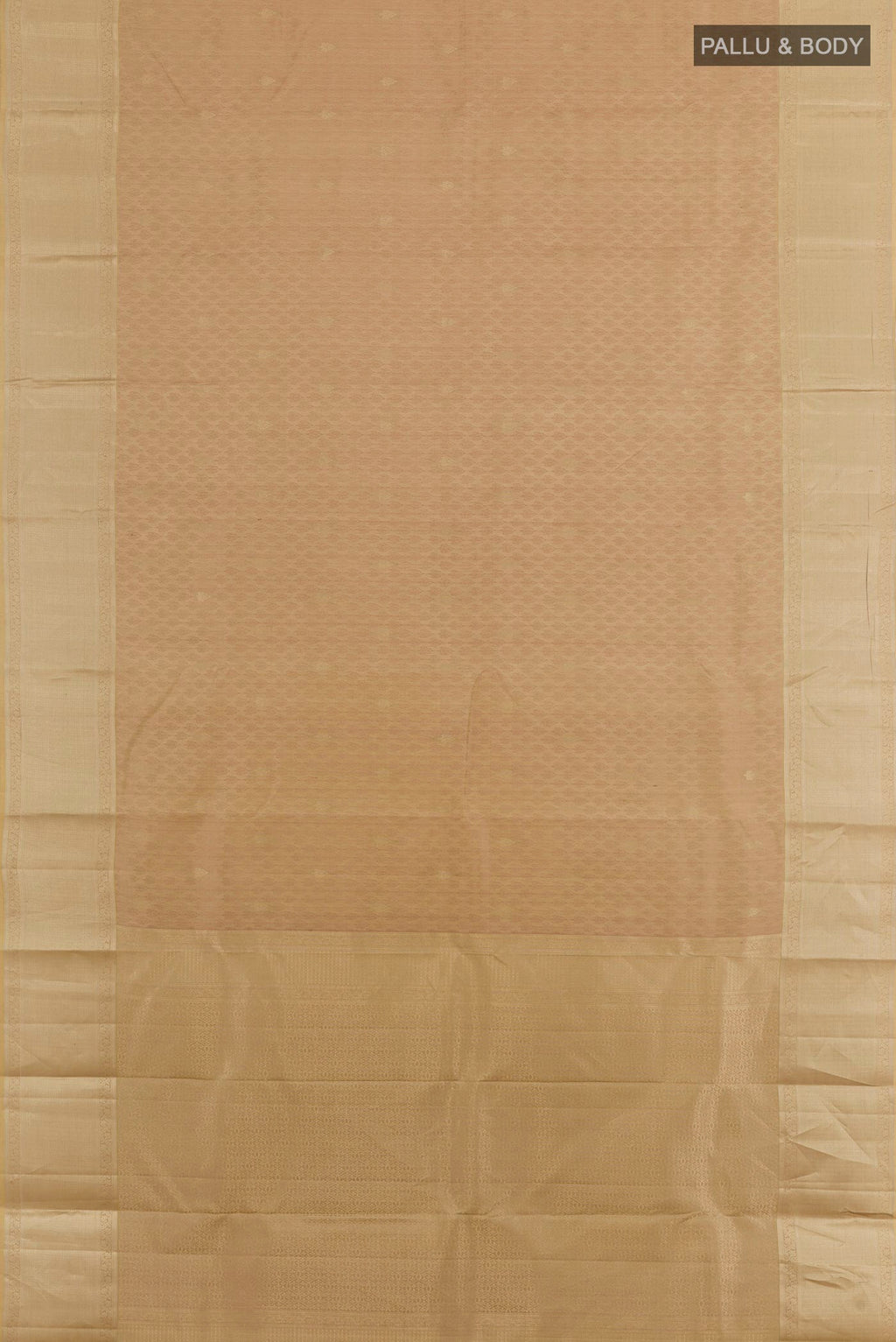 Flat view of Beige Kanchipuram Silk Saree with Jacquard With Zari Butta on the body and Zari Border. 