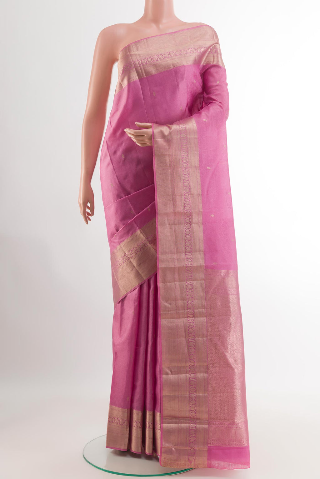 Pink Kanchipuram Silk Saree with Jacquard With Zari Butta on the body and Zari Border.  displayed on a mannequin